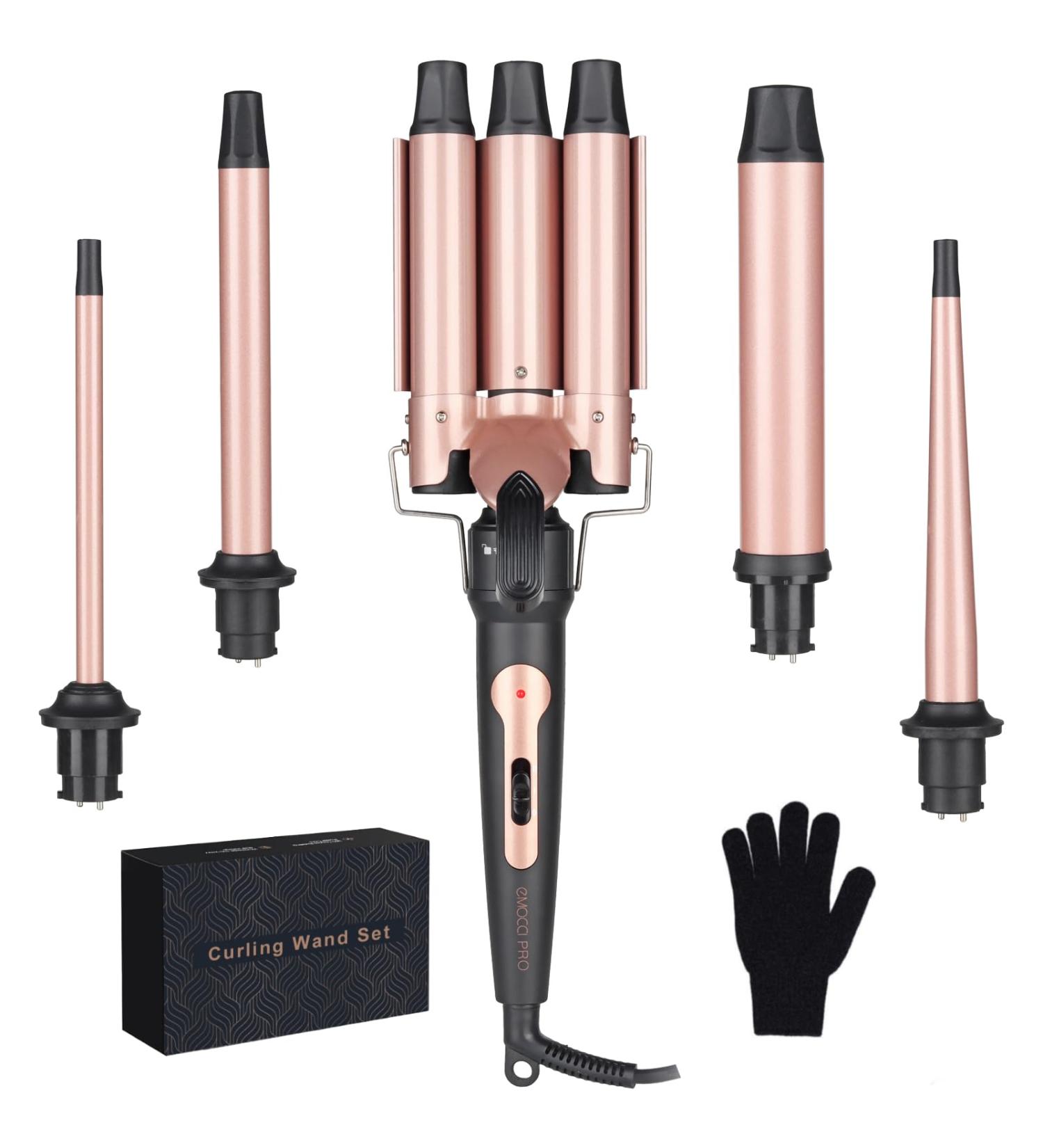 5 In 1 Curling Wand Set-Hair Waver Curling Iron 3 Barrel Triple Crimper Tool Beach Waves with 3/4-1 1/4 inch 5 Interchangeable Barrels Hair Curler for Women Hairstyles(Rose Gold) - Buy Online on SooperMarket.com