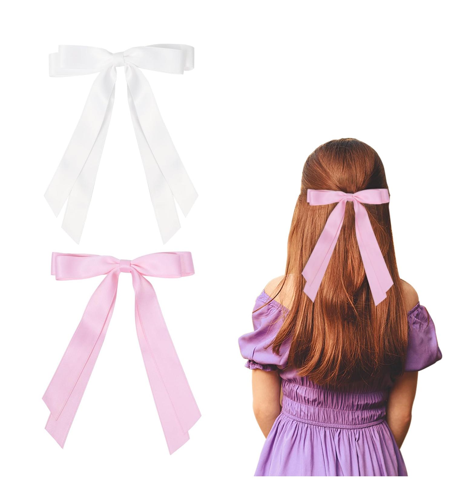 2 Pack Hair Bows for Women White Bow Hair Clips French Barrette with Long Silky Satin Hair Ribbons for Women Girls(White Light Pink) - Buy Online on SooperMarket.com