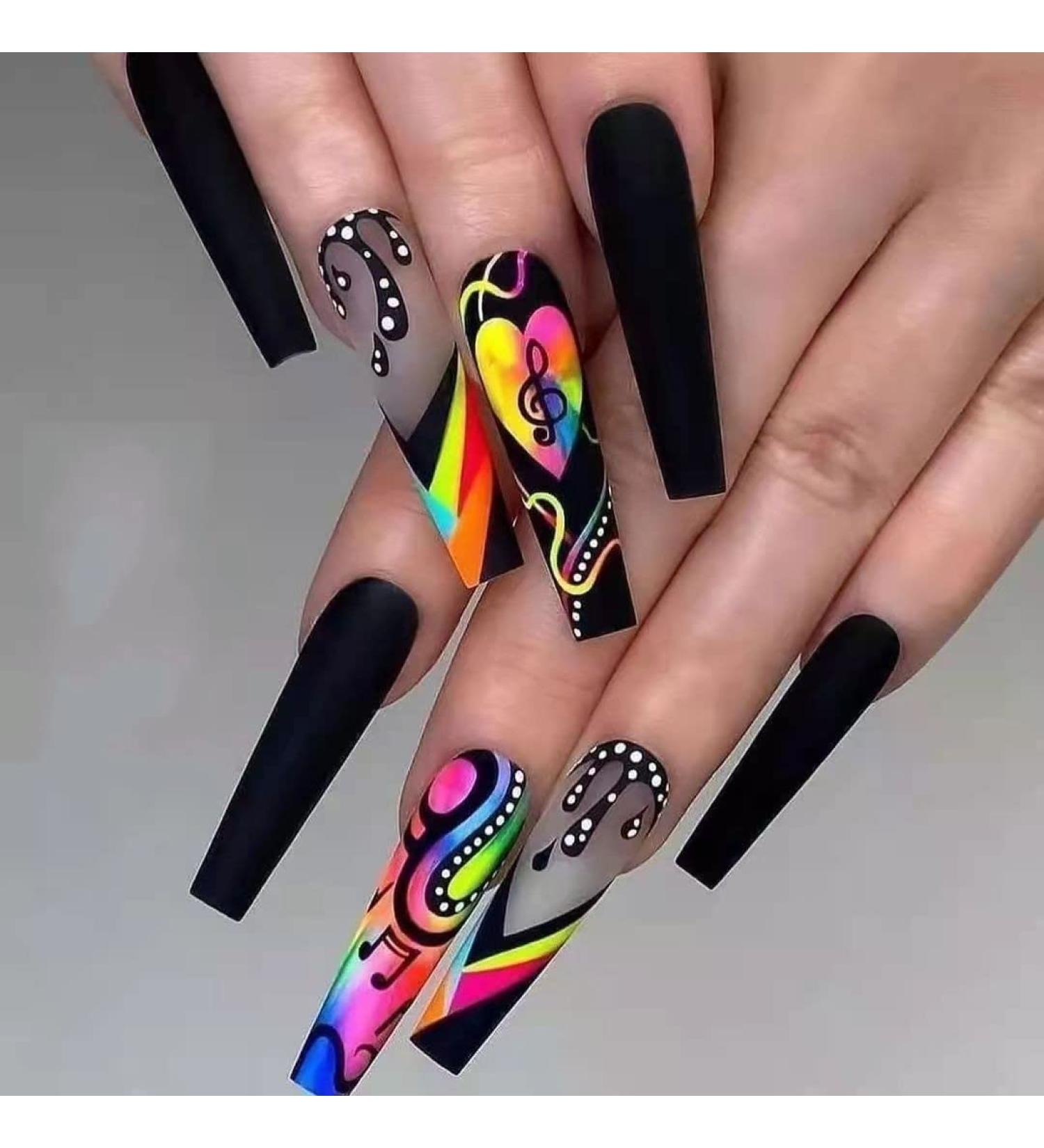 GORS Long Black Press on Nails - Colorful Coffin Fake Nails with Graffiti Note Designs | Full Cover False Nails for Women - Buy Online on SooperMarket.com