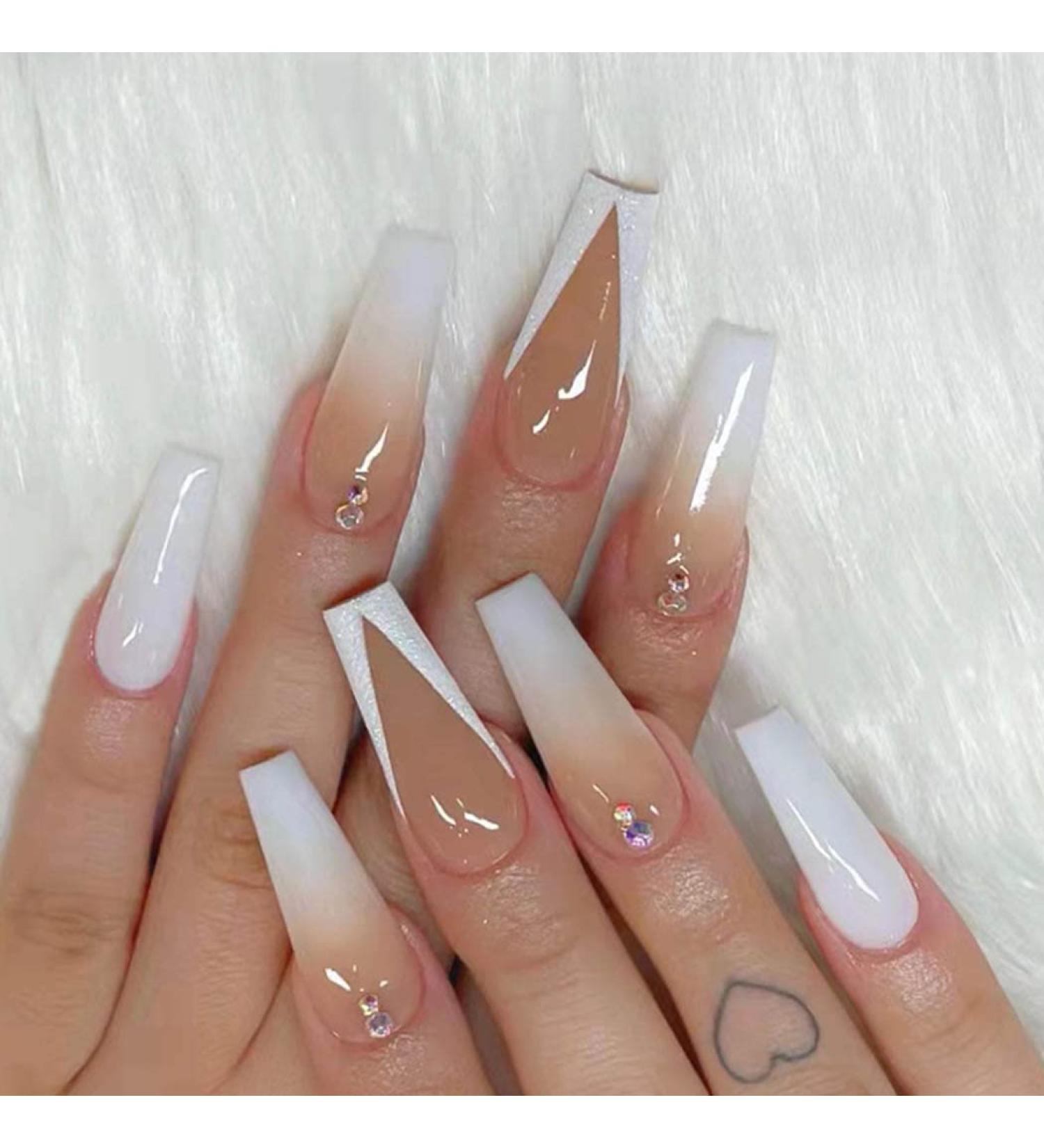 Handcess White Gradient Coffin French False Nails | Shiny Long Press-On Ballerina Acrylic Nails - 24PCS for Women & Girls - Buy Online on SooperMarket.com