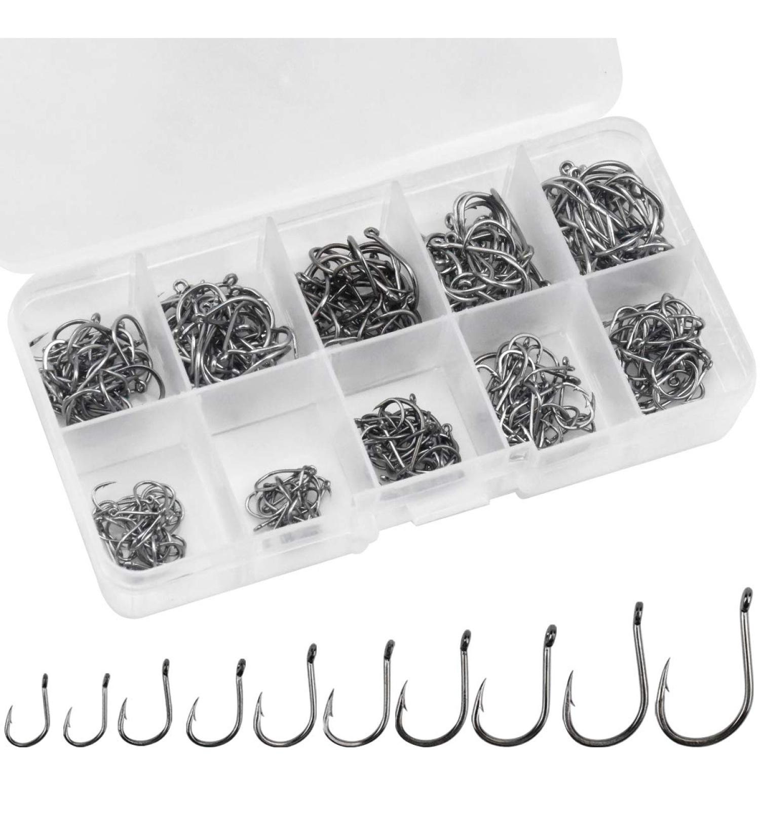 300-Piece Carbon Steel Fishing Hooks Set - 10 Sizes with Eyelet & Barn Hooks for Freshwater & Saltwater - Includes Plastic Box | Premium Fishing Accessories - Buy Online on SooperMarket.com