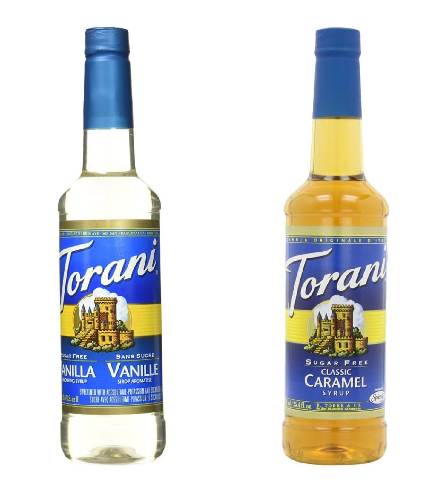 Torani Sugar Free Vanilla Syrup PET Bottle 750 milliliters & Sugar Free Caramel Classic Syrup Pet Bottle 750 milliliters