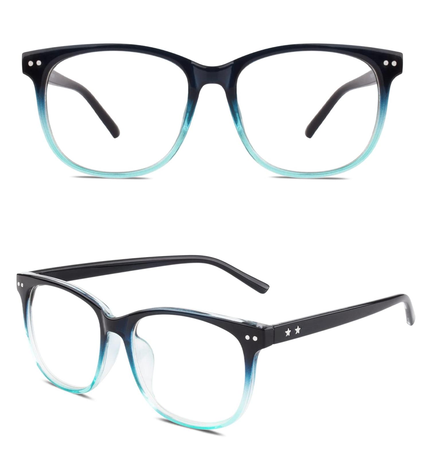 GQUEEN Large Frame Horn Glasses for Women and Men - UV400 Non-Prescription Nerd Glasses - Stylish PE1 1 Blue - International Shipping Available - Buy Online on SooperMarket.com