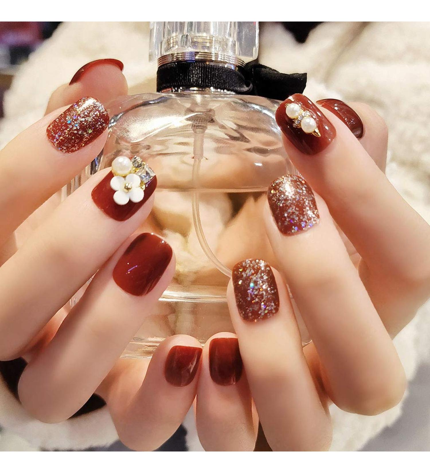 Sethexy Glossy Squoval Short False Nails Flower Glitter Rhinestone Studs Wine Full Cover Acrylic Fake Nails Tips for Women and Girls - Buy Online on SooperMarket.com