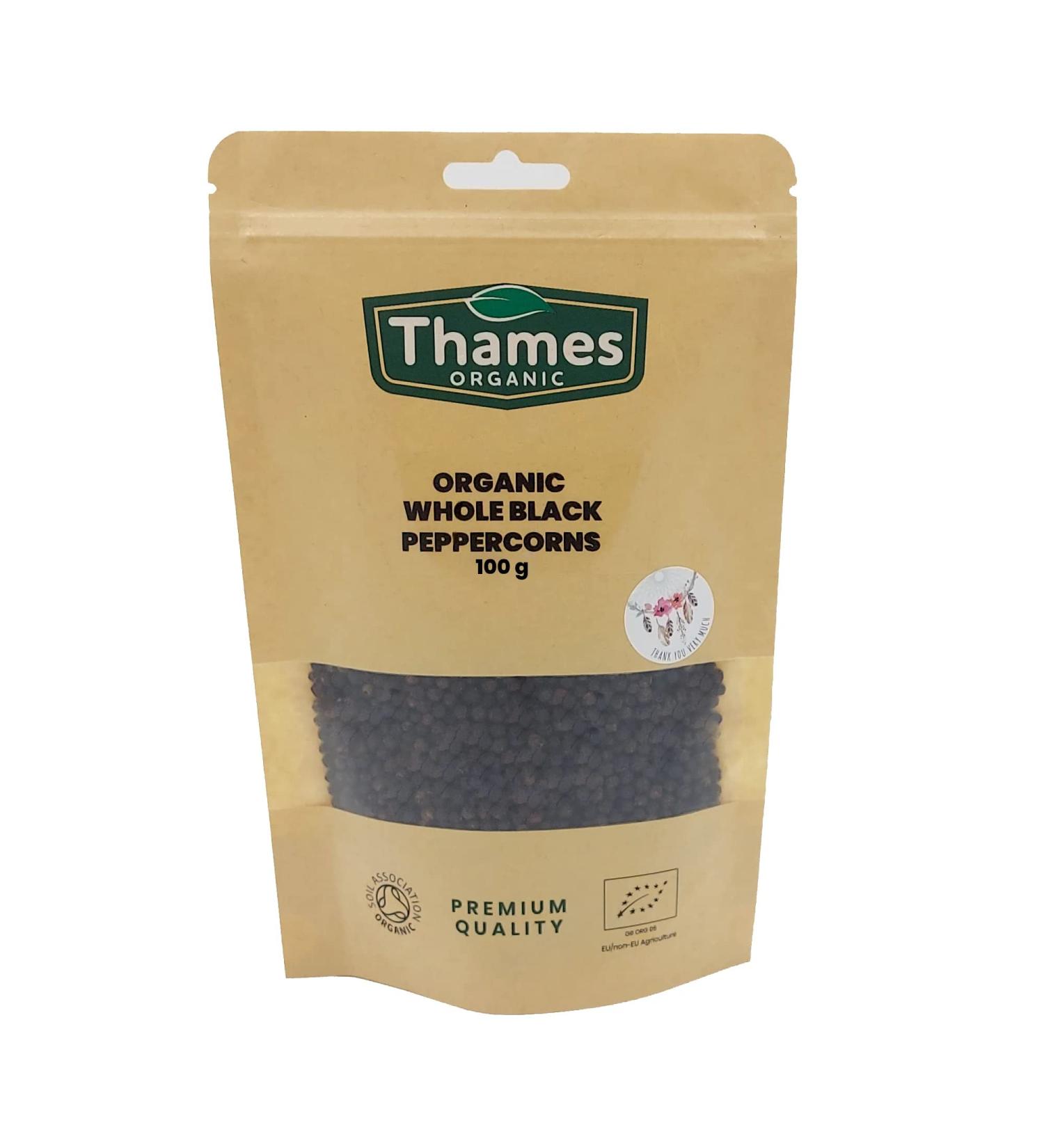 Thames Organic 250g Organic Whole Black Peppercorns - Non-GMO, Vegan, Additives and Preservatives-Free - Buy Online on SooperMarket.com