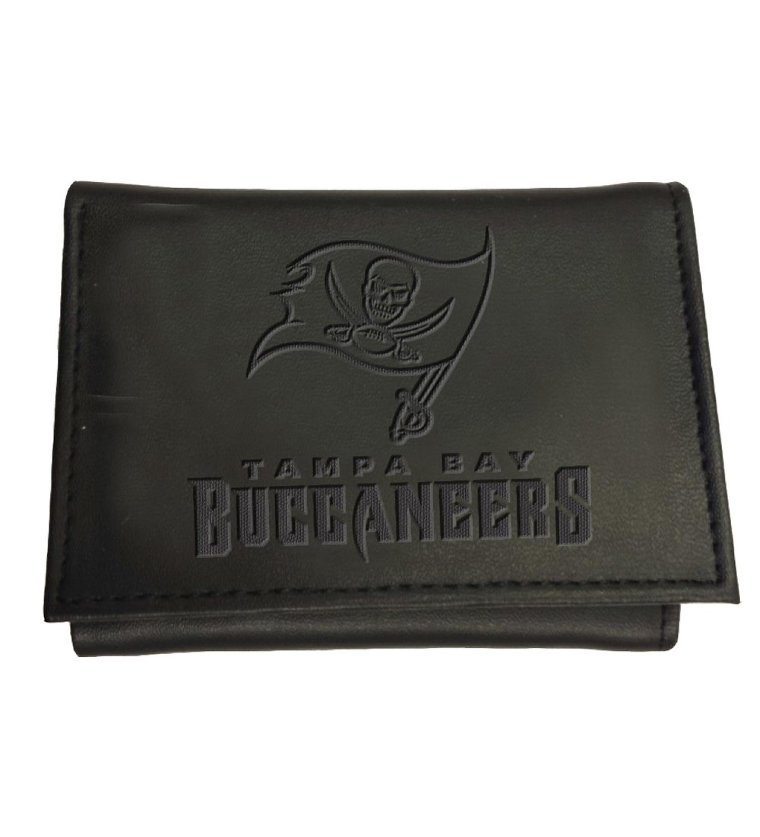 Team Sports America NFL Tampa Bay Buccaneers Black Wallet | Tri-Fold | Officially Licensed Stamped Logo | Made of Leather | Money and Card Organizer | Gift Box Included