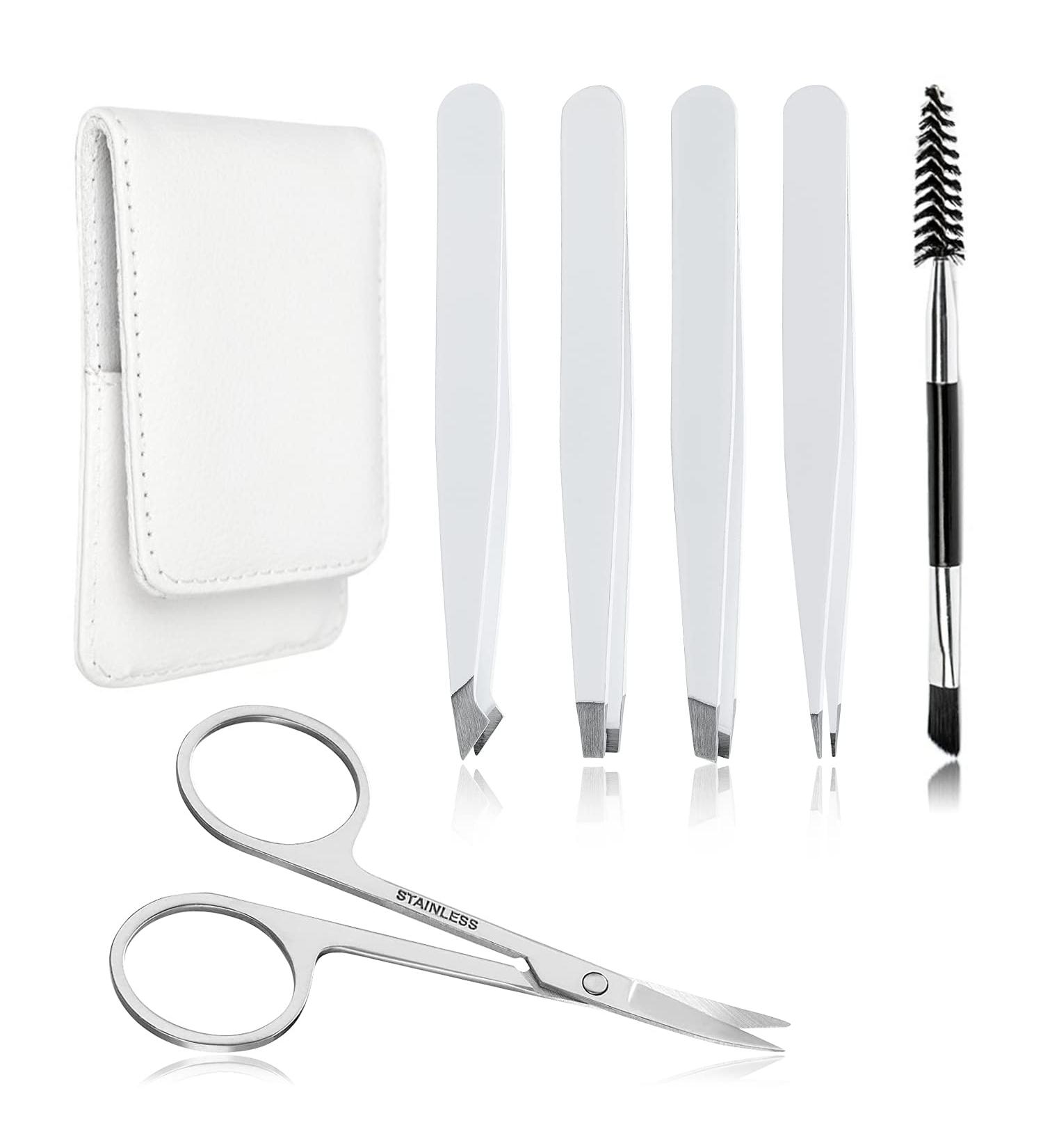 Precision Eyebrow Tweezers Set - Pack of 6 for Ingrown Hair Removal - Slant & Pointed Tweezer Kit with Leather Case - For Women and Men - Buy Online on SooperMarket.com