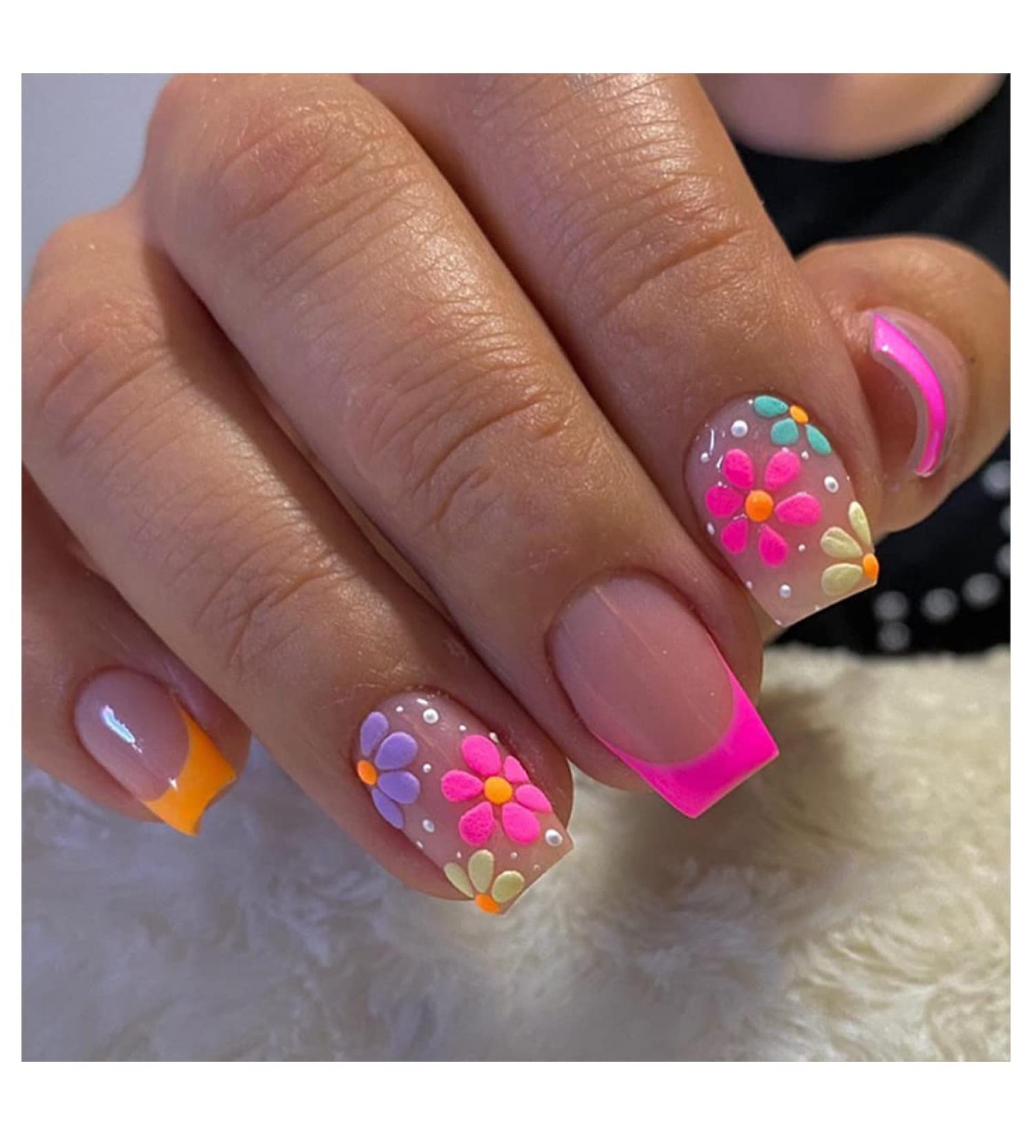 24 Pcs Medium Square French Fake Nails | Acrylic Colorful Flower Designs | Glossy Full Cover False Nails | Manicure Decorations for Women and Girls - Buy Online on SooperMarket.com