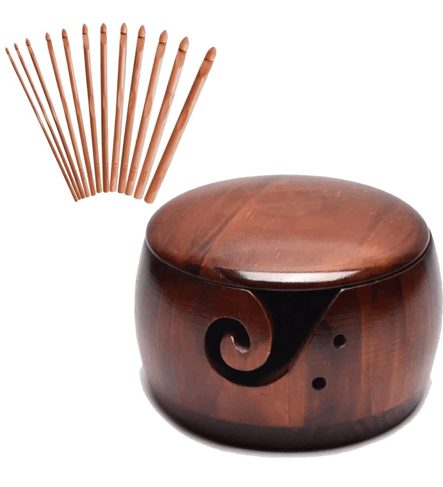 Handmade Dark Wood Yarn Bowl with Lid - Yarn Ball Holder for Knitting and Crochet - 12 Crochet Hooks Included - Buy Online on SooperMarket.com