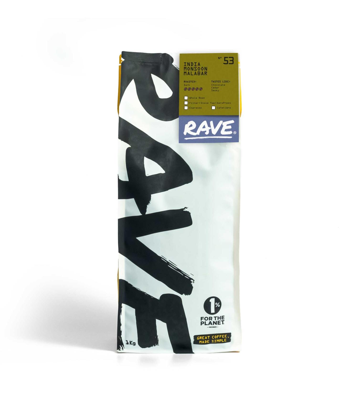Rave Coffee - Indian Monsoon Malabar N 53 Single Origin Espresso Grind Freshly Roasted and Ground Coffee 1Kg - Buy Online on SooperMarket.com