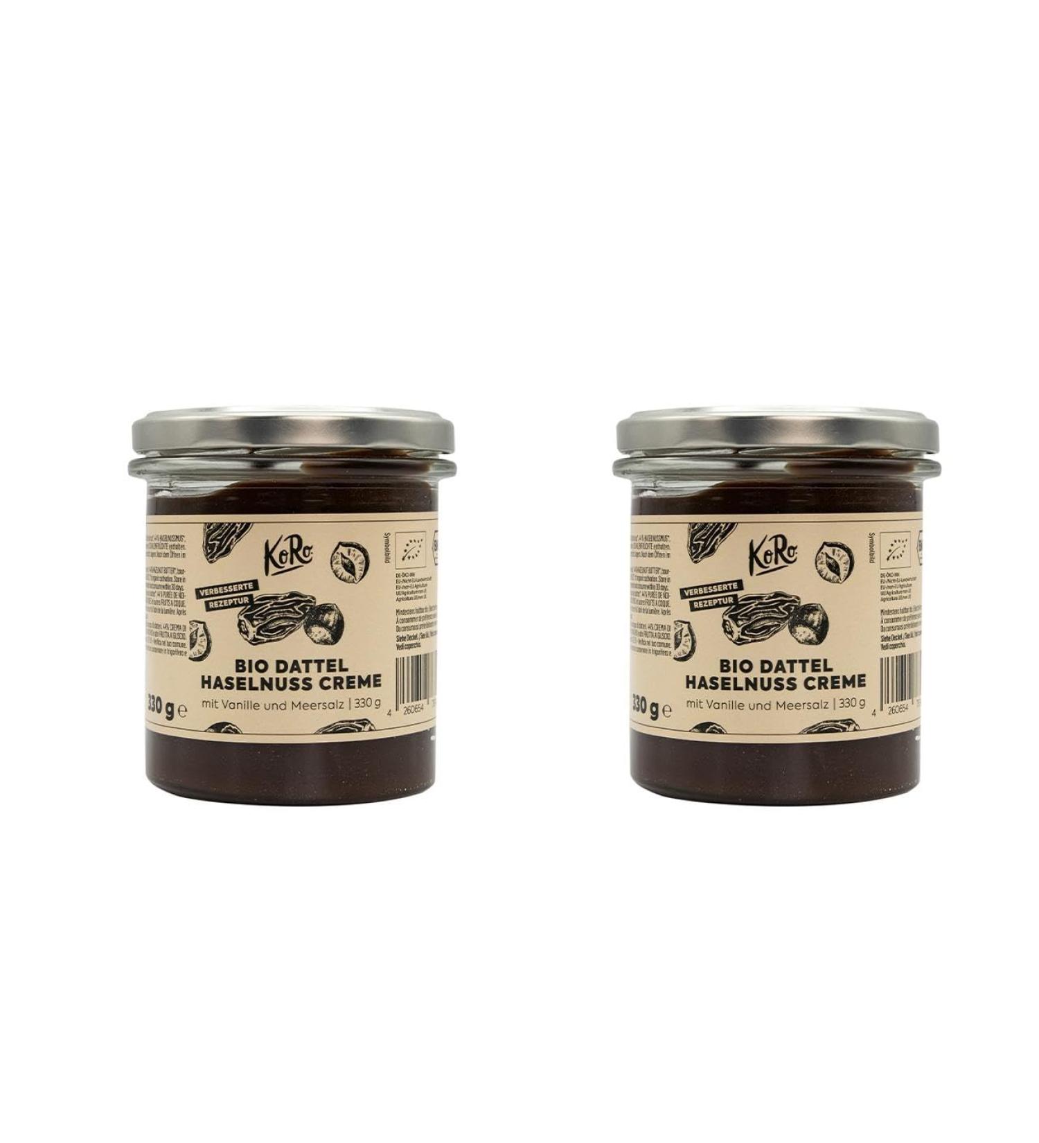 Koro Bio Dattel Haselnut Cream - Vegan Organic Date Hazelnut Spread with Bourbon Vanilla - 2 x 330g - No Palm Oil Artificial Additives - Buy Online on SooperMarket.com