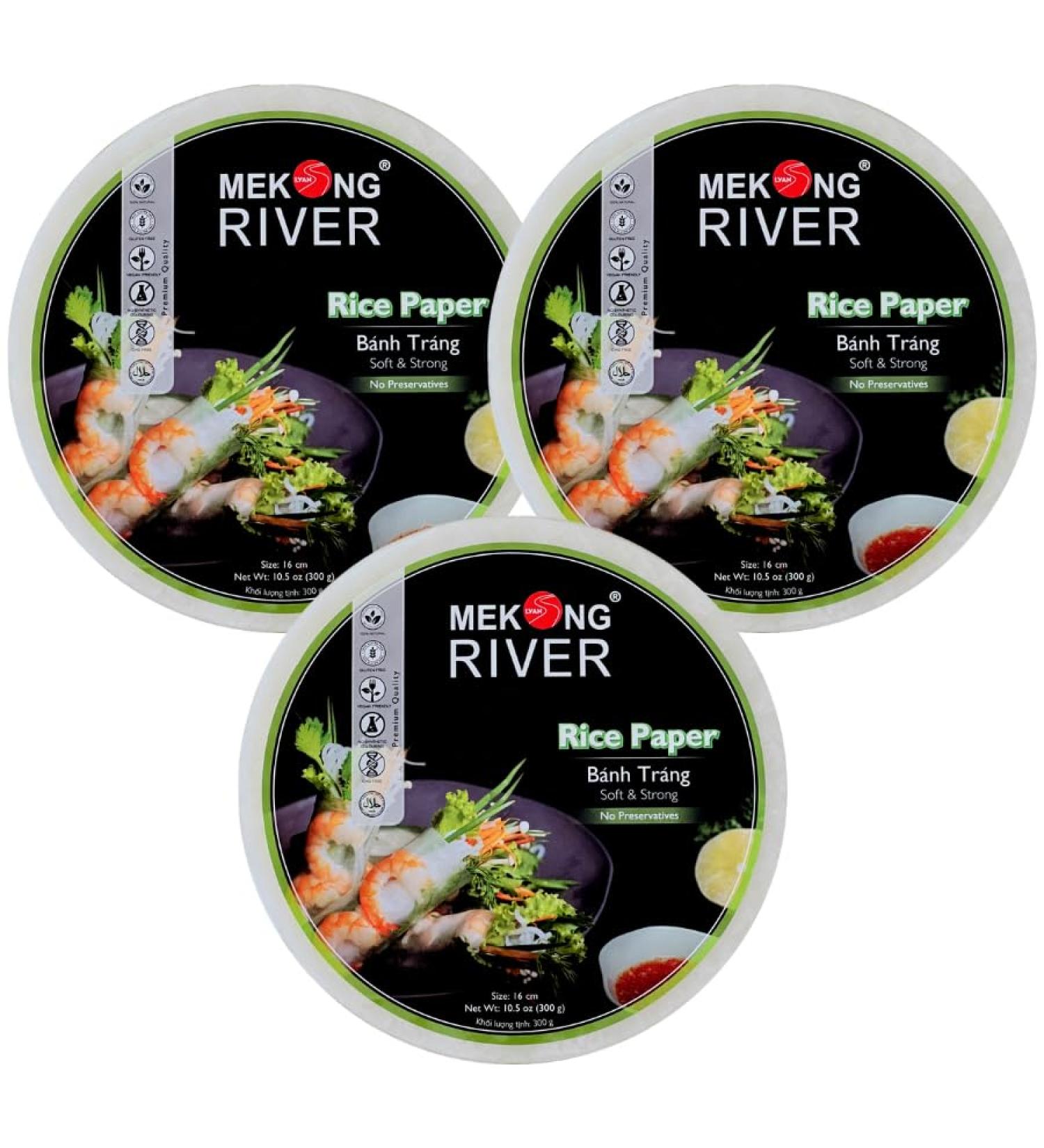 Lyan Mekong River Banh Trang Vietnamese Rice Paper Round 16cm - 300g - Pack of 3 | Gluten-Free | Vegan | Halal | 100% Natural Rice Paper - Buy Online on SooperMarket.com