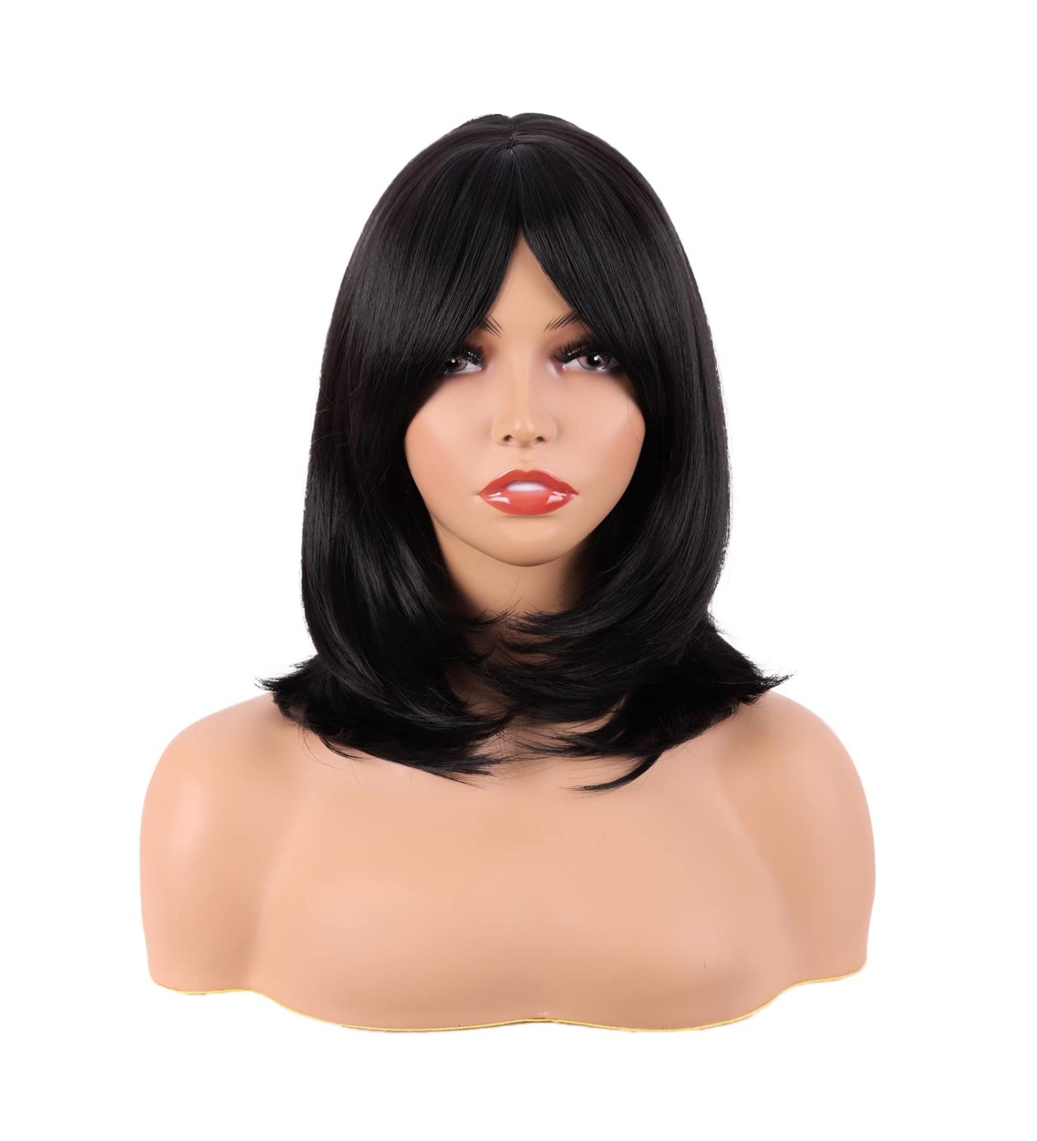 MapofBeauty 18 Inch/45 cm Layered Bangs Straight Synthetic Fiber Shoulder Length Hair Daily Use Wig (Black) - Buy Online on SooperMarket.com