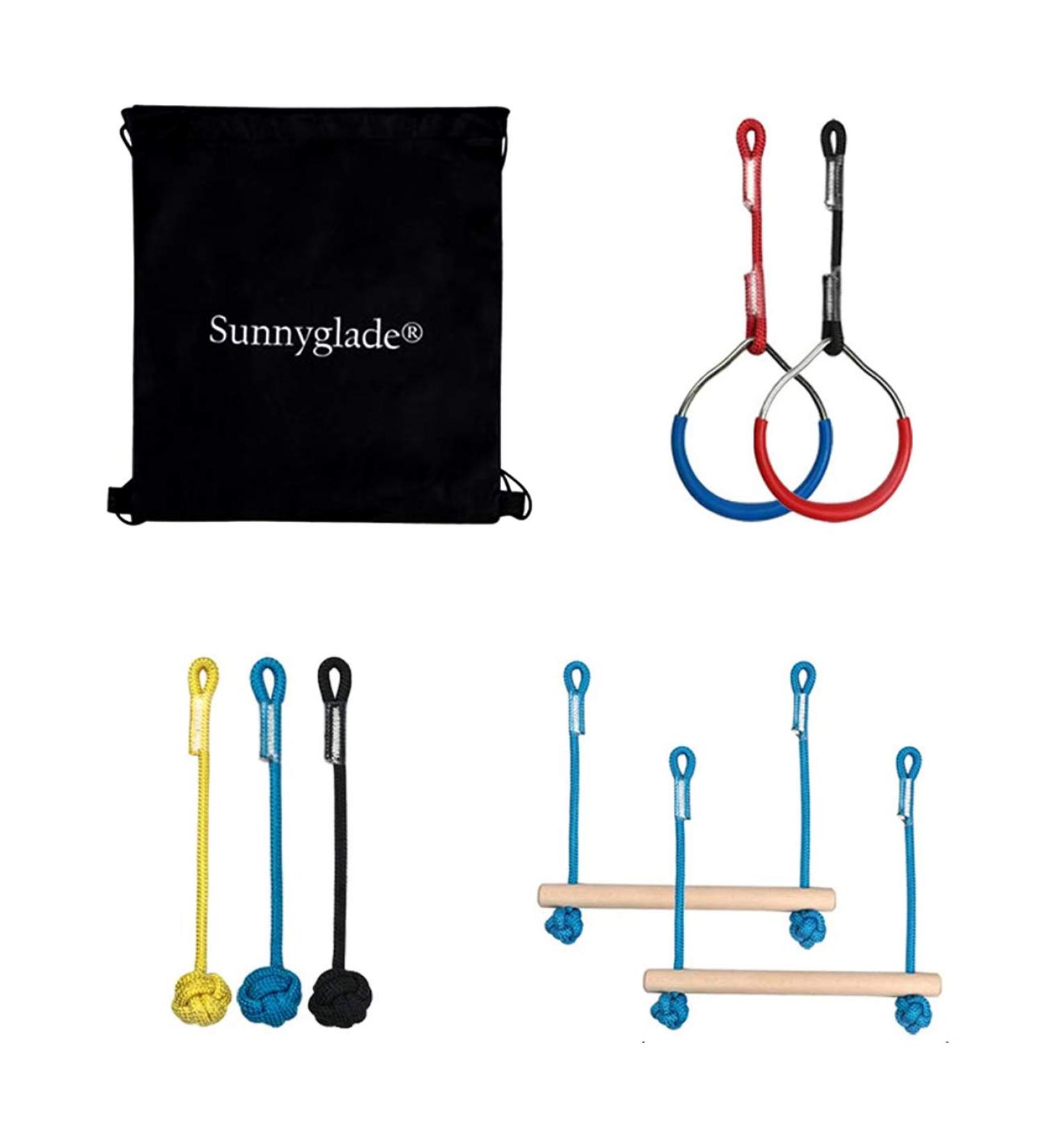 Sunnyglade 40ft Ninja Line Hanging Obstacle Course for Kids | Slackers Ninja Line Kit with Bars, Fists, Rings | Ninja Slackline Accessories - Buy Online on SooperMarket.com