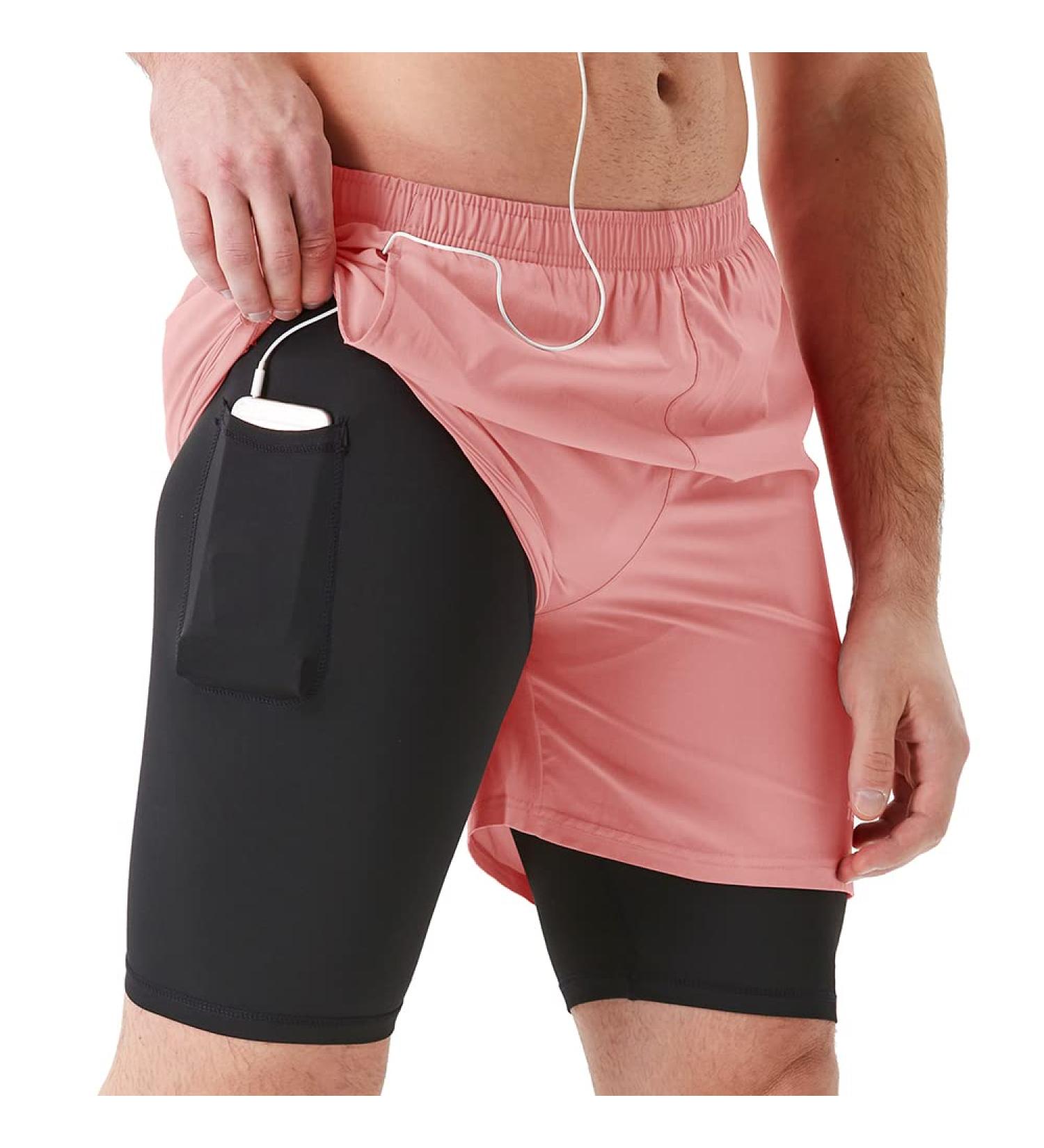 TENJOY Men's 2 in 1 Running Shorts - Quick Dry Gym Athletic Workout Shorts in Light Pink - Medium Size - Buy Online on SooperMarket.com