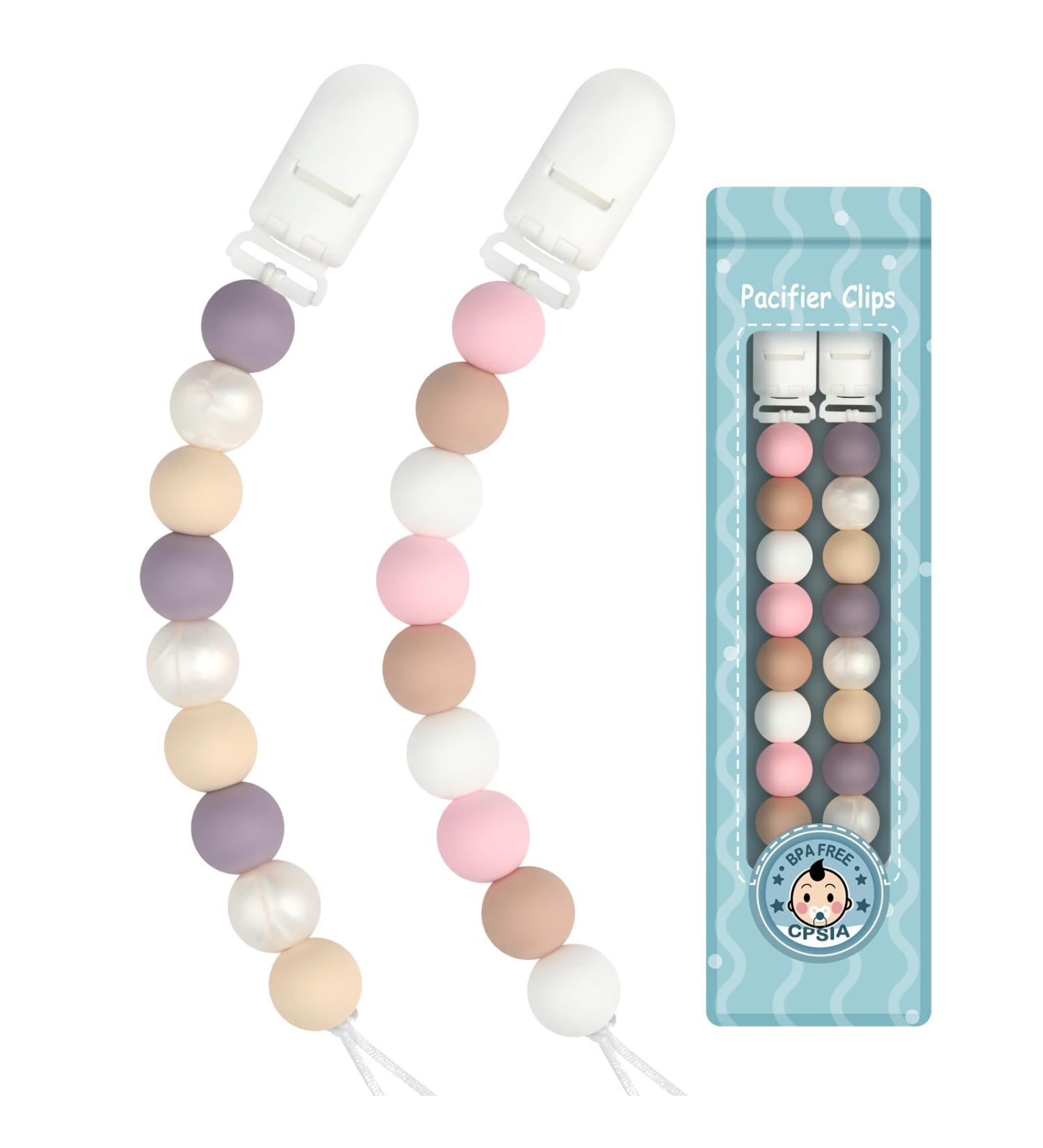 Kowlone Pink Silicone Pacifier Chain for Girls - 2-Pack Dummy Clips & Straps | Perfect Baby Shower Gift - Buy Online on SooperMarket.com