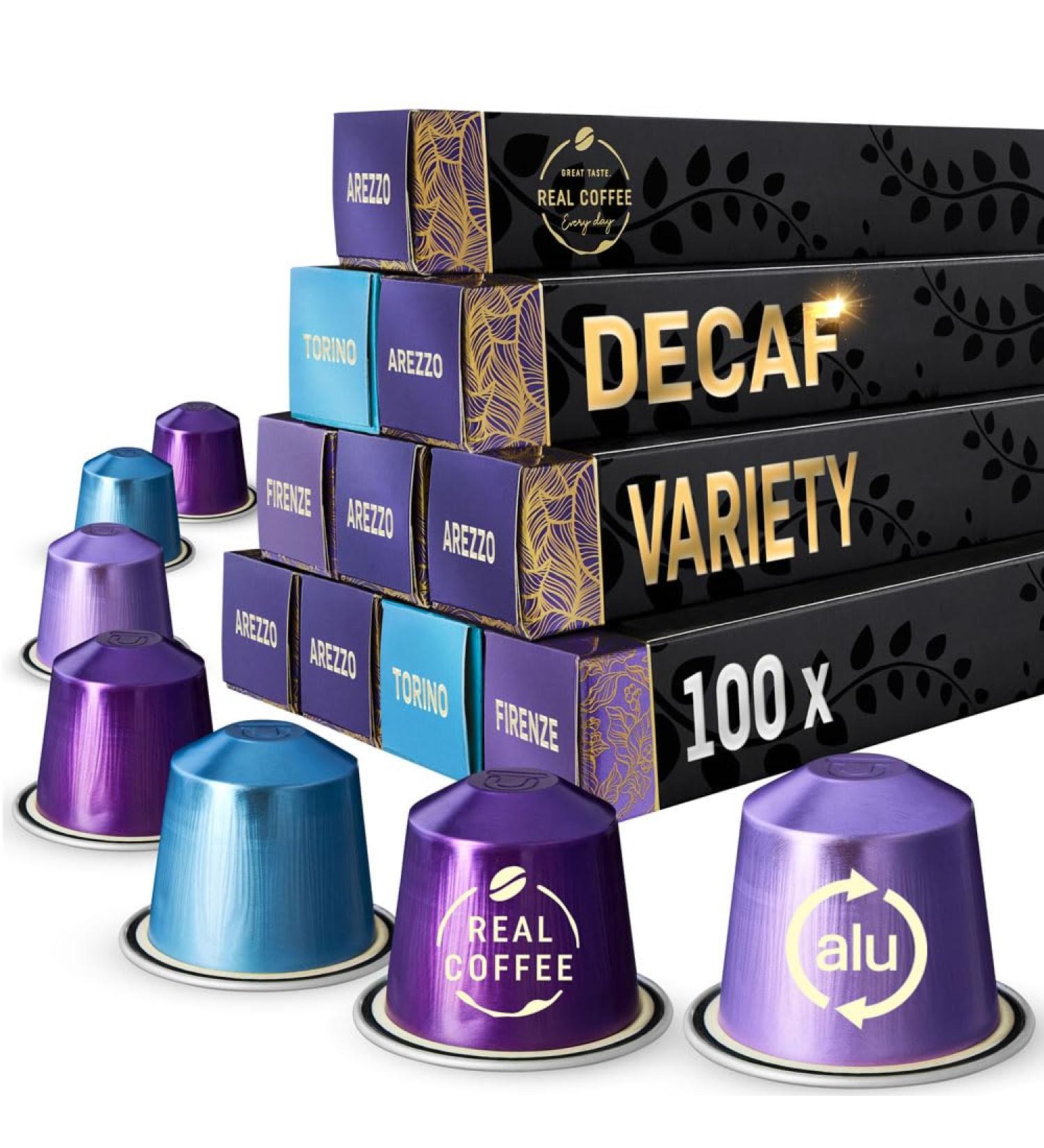 Decaf Italian Variety | 100 Nespresso Compatible Pods | Medium & Dark Roasts | 3 Italian City-Inspired Blends: Arezzo Firenze Torino | Aluminium capsules | Decaf Variety Pack - Buy Online on SooperMarket.com