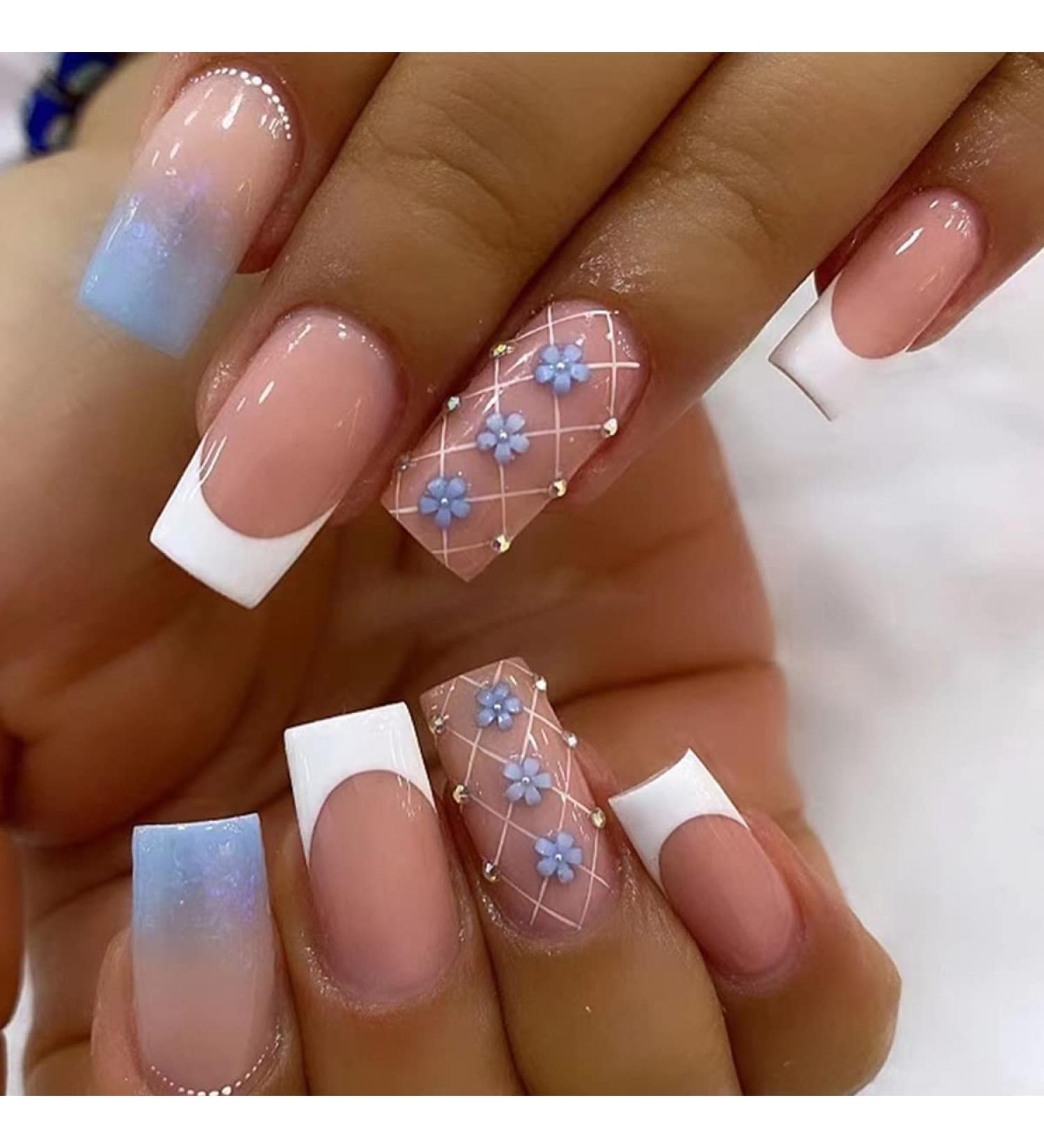 24 Pcs Square Floral Gradient Rhinestone Medium Press on Nails - Elegant Design for Women & Girls - Buy Online on SooperMarket.com