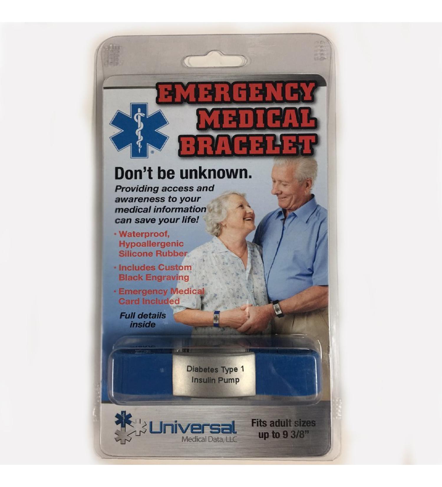 Sport Medical Alert Bracelet - Blue. Pre-engraved "DIABETES TYPE 1 INSULIN PUMP". Save 30% - Close Out Pricing! - Buy Online on SooperMarket.com