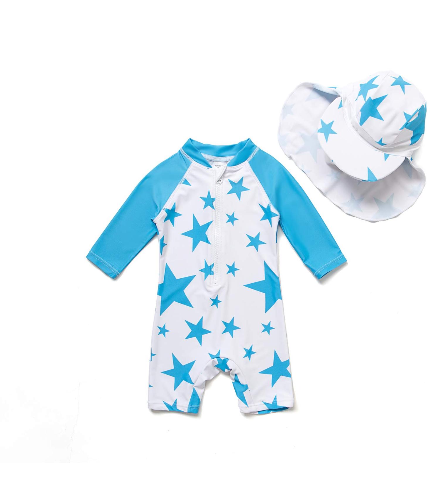 BONVERANO Baby Boys Swimsuit | Long-Sleeve One Piece Swimwear | UPF 50+ Sun Protection | Blue Star | 9-12 Months - Buy Online on SooperMarket.com