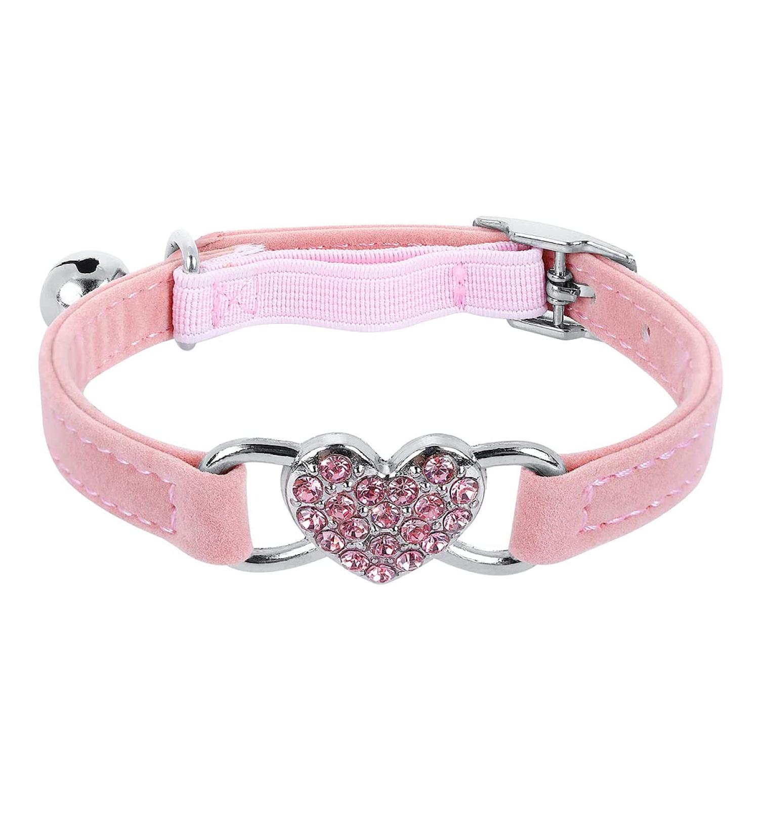 Jagowa Rhinestone Heart Cat Collar with Safety Belt Adjustable Flocking Colored Diamond Design with Bell - Pet Supplies for Small Cats and Dogs (Pink) - Buy Online on SooperMarket.com