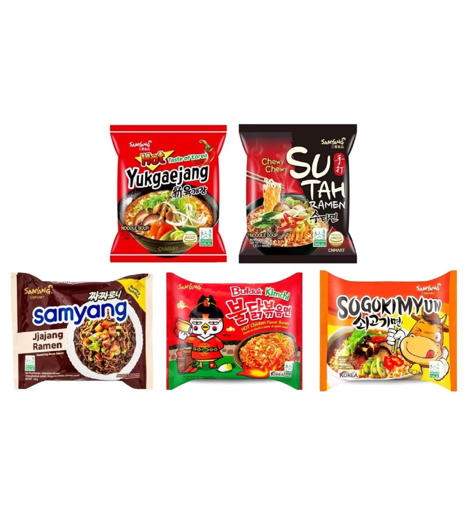 Samyang Korean Instant Noodle Soup Ramen (Hot Chicken Kimchi Sogokimyun Black Bean Yukgaejang SuTah) 5 Different Flavours Halal (Pack of 20) by CNMART - Buy Online on SooperMarket.com