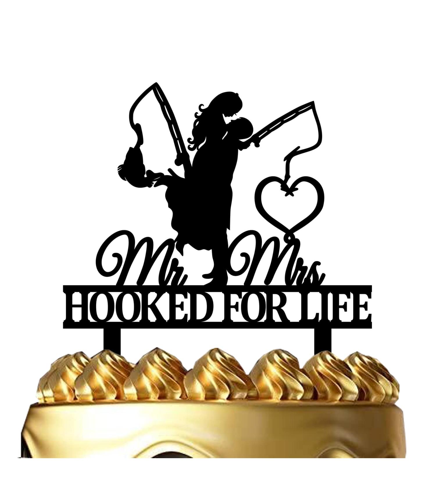 Funny Fishing Wedding Cake Topper - HOOKED FOR LIFE - Groom Hugging Bride Fishing Couple Cake Topper Mr&Mrs Wedding Cake Topper (Fishing Couple) - Buy Online on SooperMarket.com