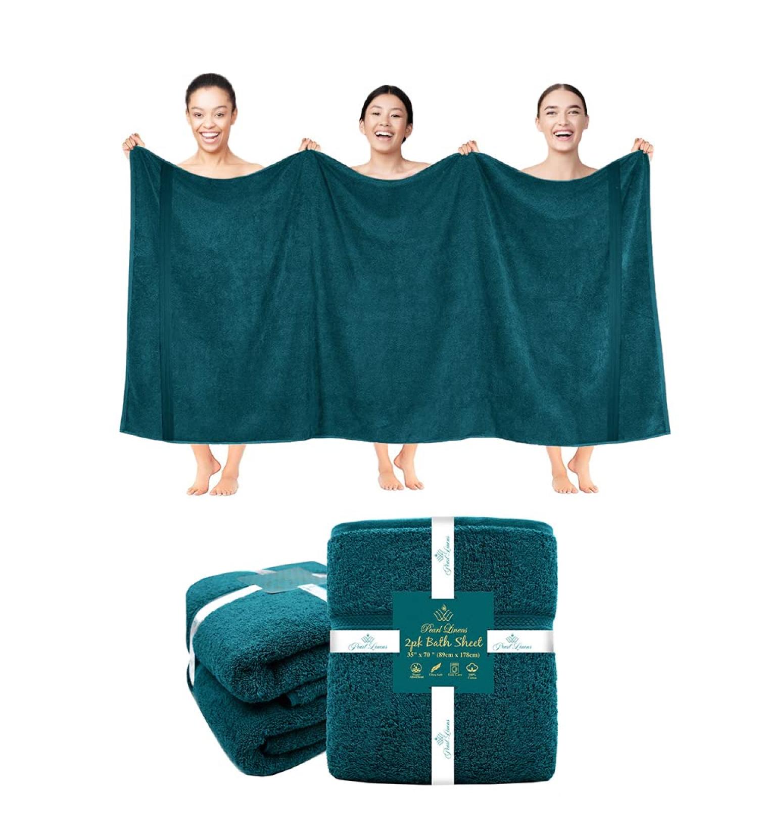 Pearl Linens Cotton Bath Sheet Pack of 2 - Quick Dry & Absorbent Oversize Towels for Hotel & Spa | Super Soft Teal Bath Sheet Set 35x70 - Buy Online on SooperMarket.com