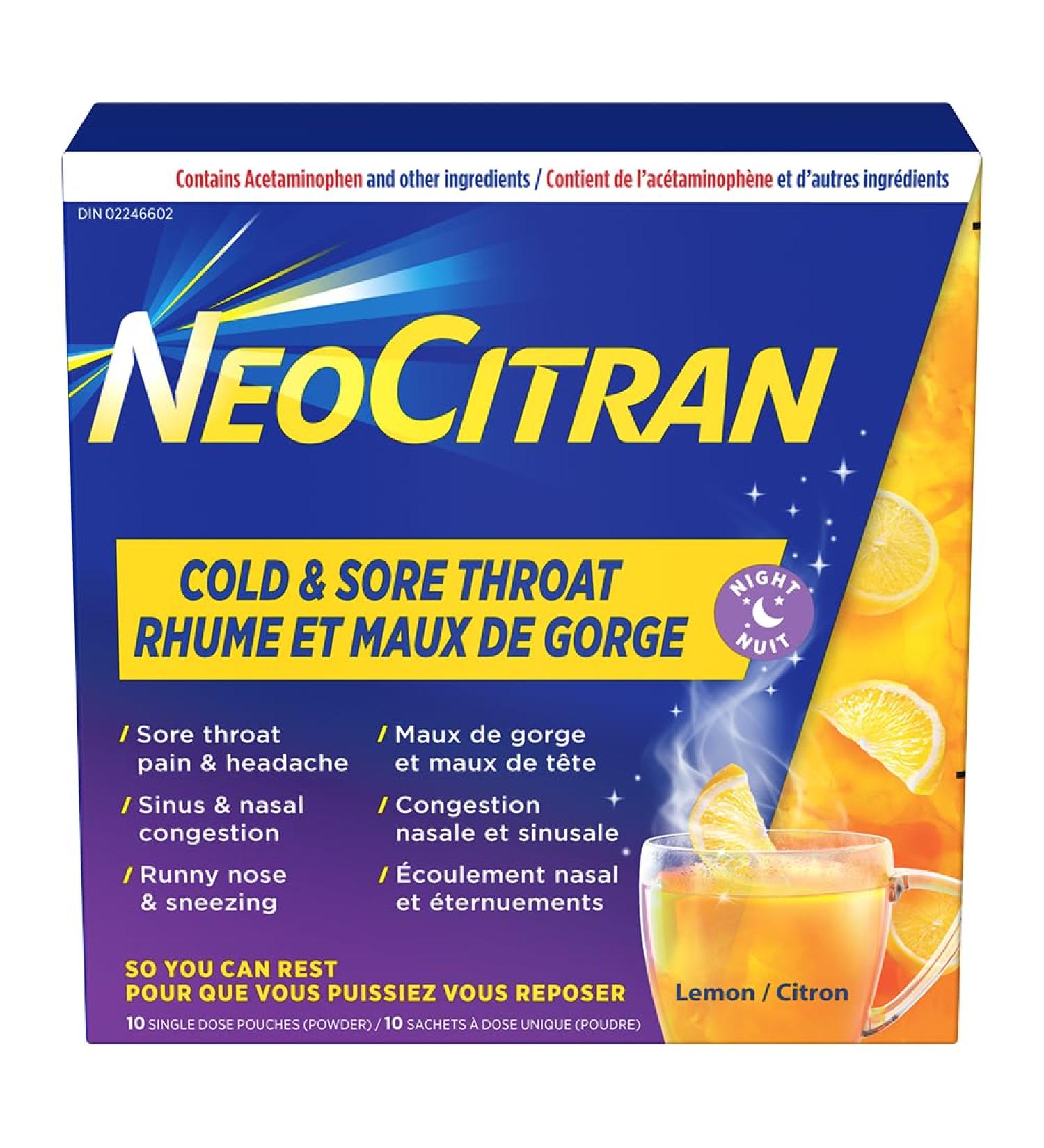 NeoCitran Cold & Sore Throat for Nighttime Relief Lemon 10 Count - Buy Online on SooperMarket.com