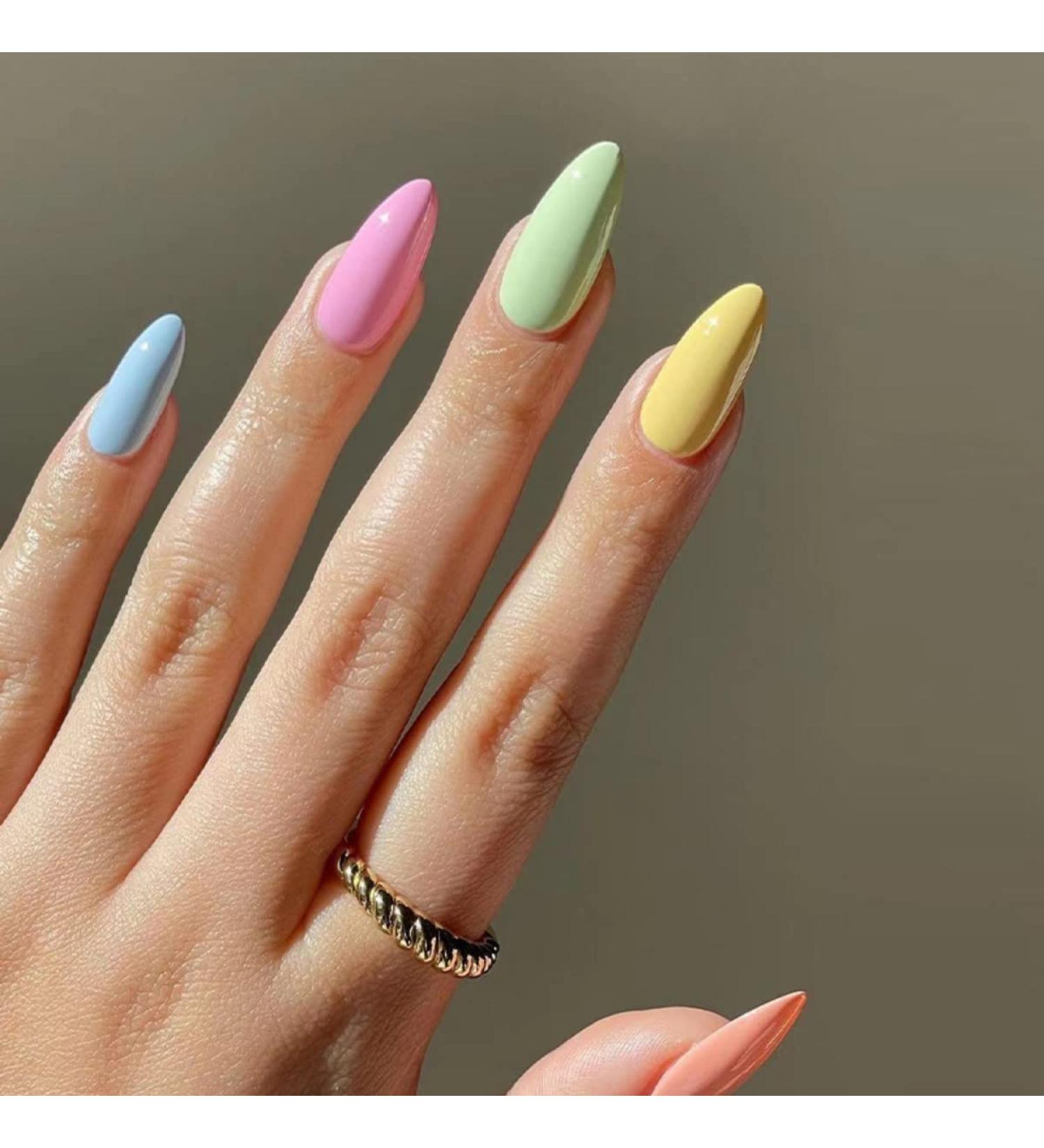 Justotry 24 Pcs Glossy Solid Oval Short False Nails Multi-Colour French Press On Nails - Almond Medium Stick On Nails with Nail Glue for Women's Nail Art - Buy Online on SooperMarket.com