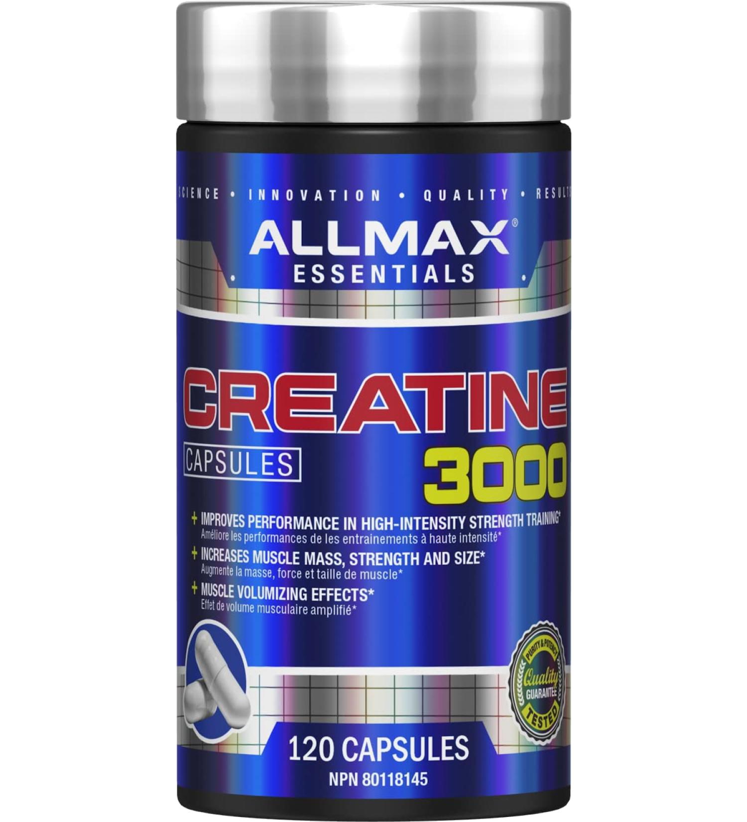 ALLMAX Nutrition - Creatine 3000 Creatine Monohydrate Capsules for Strength and Muscle Recovery Gluten Free & Fast Absorbing 3000 mg 120 Capsules - Buy Online on SooperMarket.com