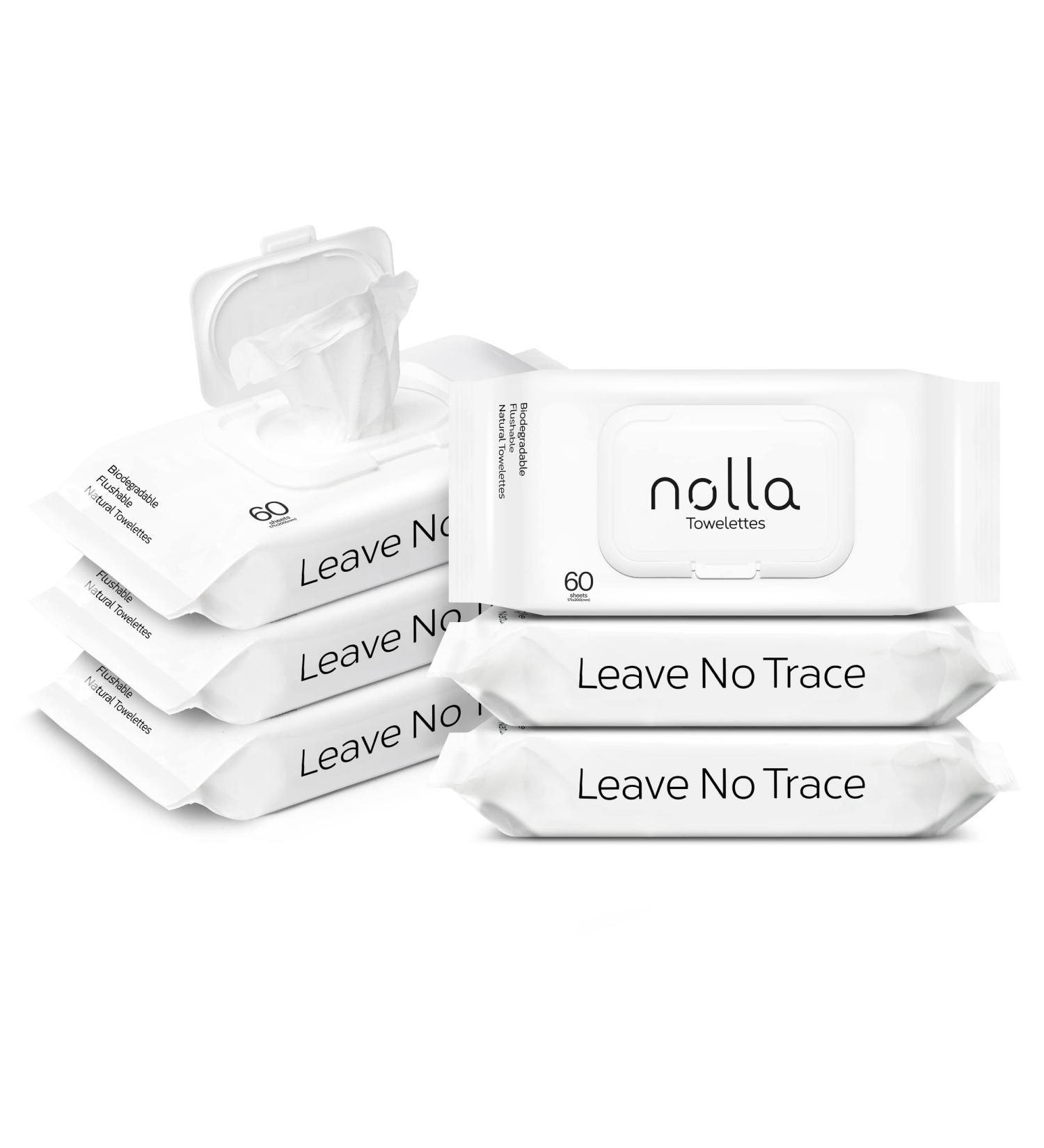 Nolla Flushable Wipes - 100% Plant-Based, Plastic-Free, Biodegradable - Unscented with Aloe & Vitamin E - Septic & Sewer Safe - 360 Count (6 Packs of 60) - Buy Online on SooperMarket.com