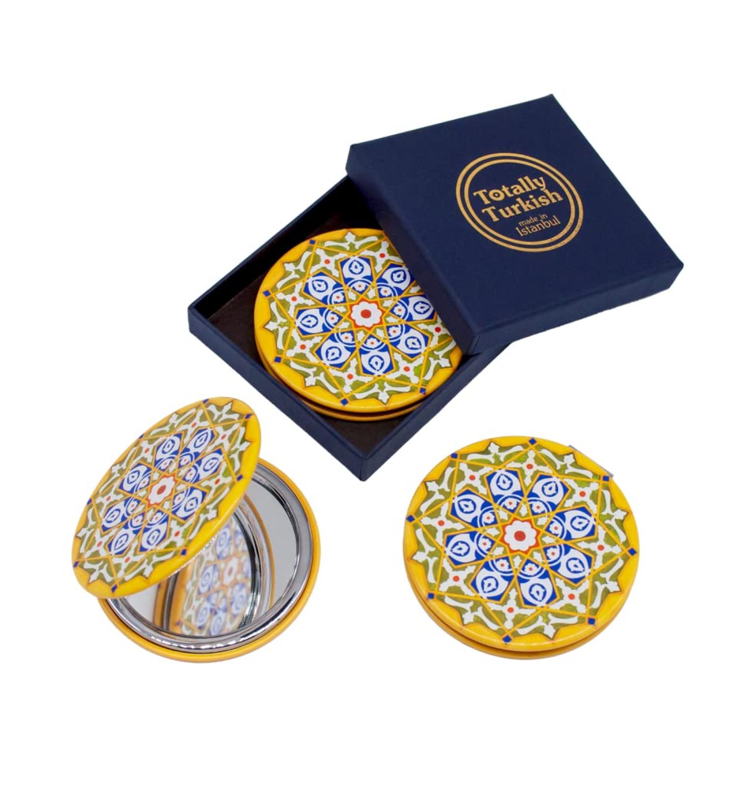 Turkish Metal Compact Mirror - Small Round Mirror with Magnetic Close, 1x & 2x Magnification for Handbags - Bright & Funky Geometric Pattern - Ideal for Travel and Commutes - Buy Online on SooperMarket.com