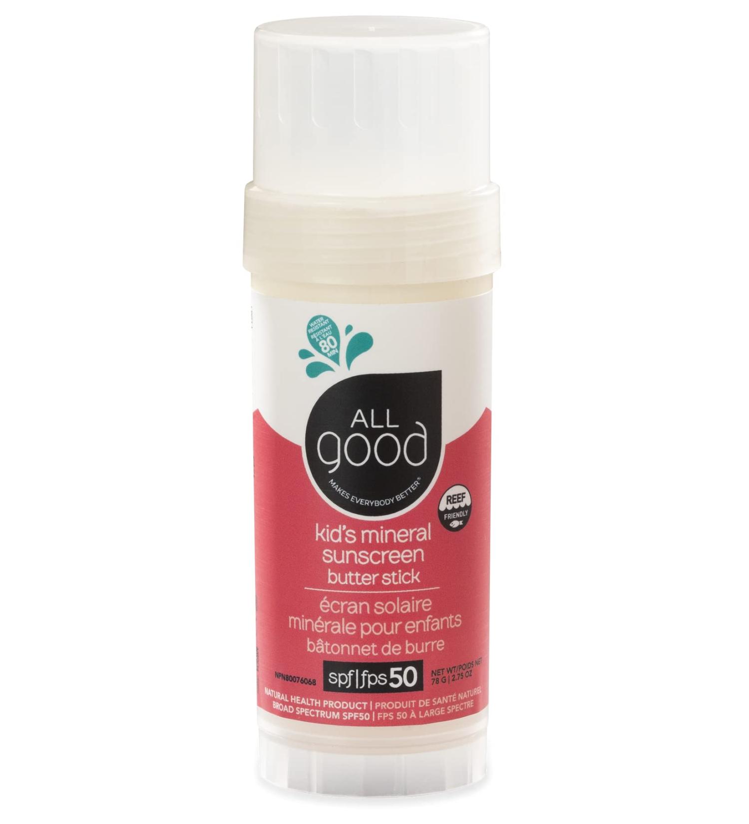 All Good Baby & Kids Mineral Sunscreen Butter Stick for Face, Nose, Ears - UVA/UVB Broad Spectrum SPF 50, Coral Reef Friendly, Water Resistant, Zinc Oxide, Coconut Oil, Beeswax, Vitamin E (2.75 oz) 2.75 Ounce (Pack of 1) Kids
