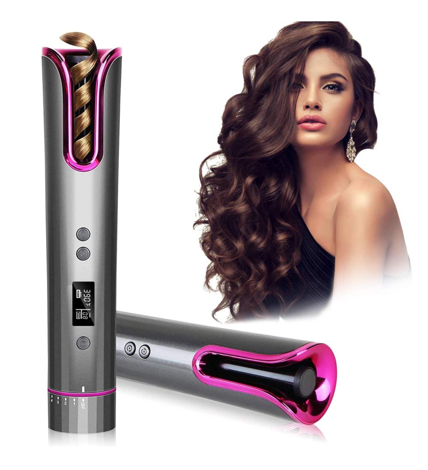 Cordless Automatic Hair Curler with LCD Display and Timer - Rechargeable Curling Iron with Auto Shut-Off (Black) - Buy Online on SooperMarket.com
