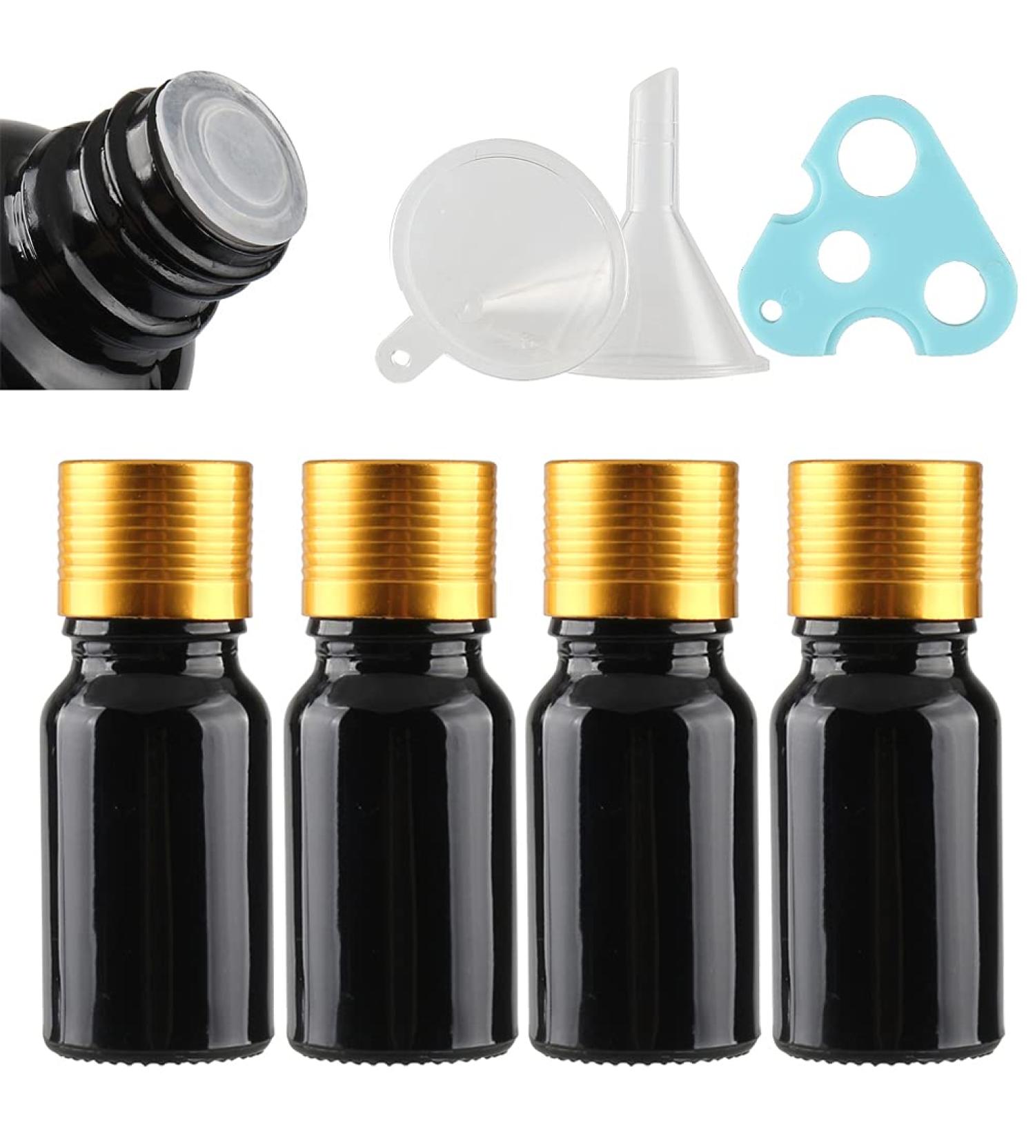 Tianzd 4-Pack 10ml Black Glass Bottles with Gold Caps - Perfect for Oils Fragrances Perfumes & Aromatherapy - Ideal for Travel & Storage - Buy Online on SooperMarket.com