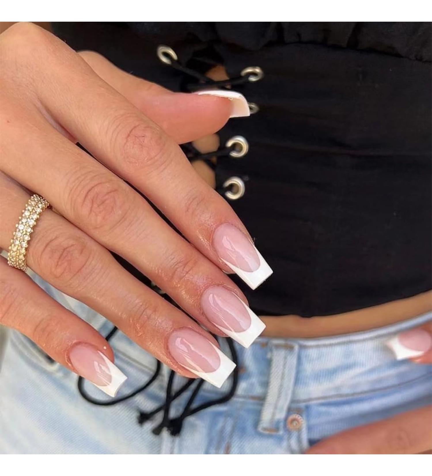Medium Press on Nails - 24 Pcs Square False Nails with Glossy White French Tips | Stick on Acrylic Nail Designs for Women - International Shipping Available - Buy Online on SooperMarket.com