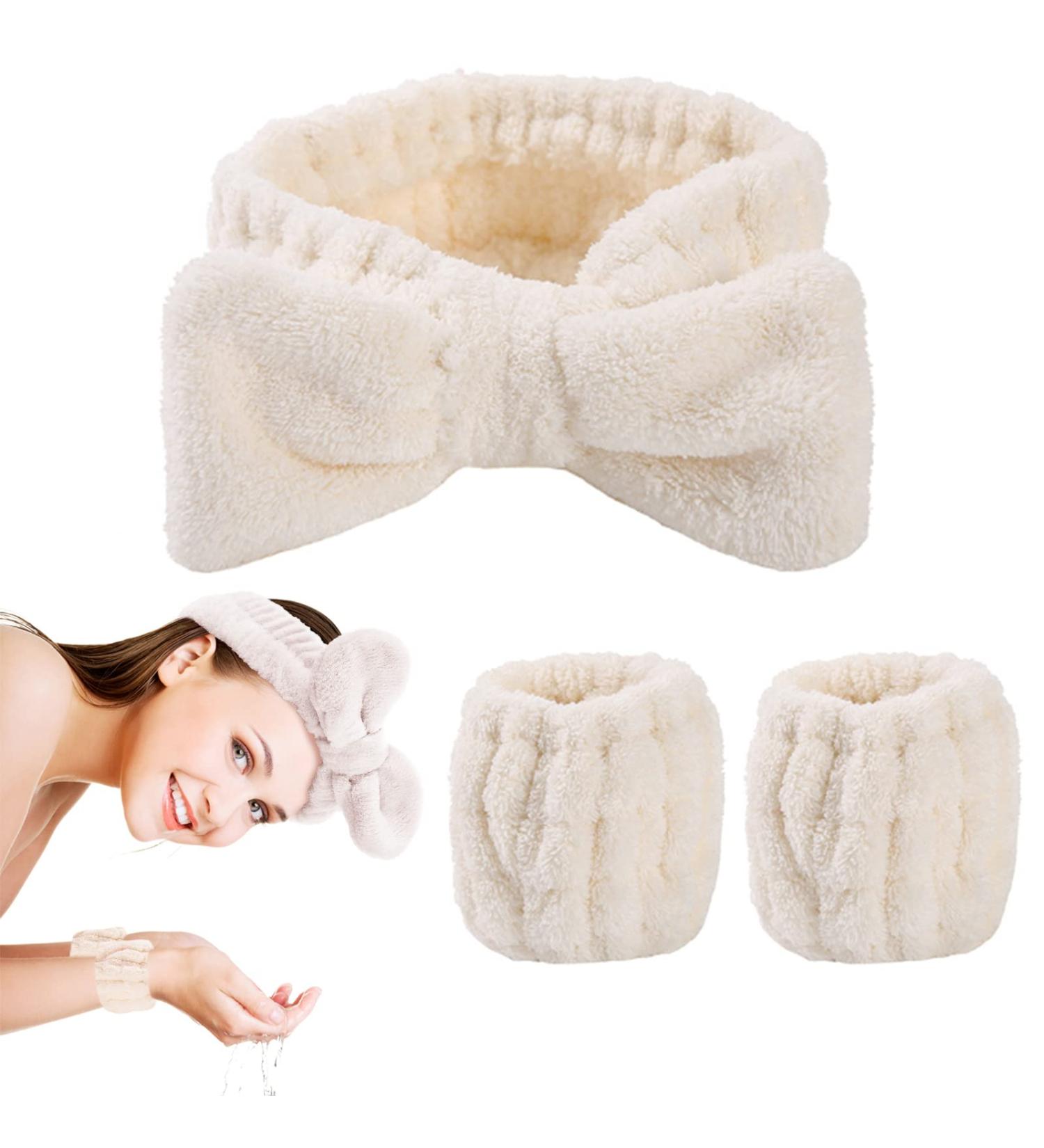 WLLHYF 3 Piece Spa Headband and Wristband Set for Women - White | Elastic Hair and Makeup Headbands to Prevent Spills - Buy Online on SooperMarket.com