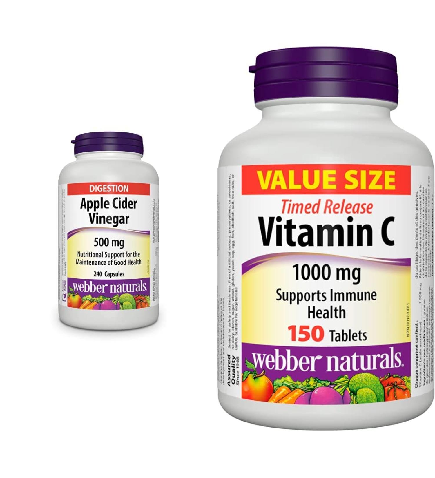 Webber Naturals Apple Cider Vinegar Capsules 500 mg 240 Count & Vitamin C Timed Release 1 000 mg 150 Tablets For Bones Teeth Immune and Antioxidant Health Vegetarian - Buy Online on SooperMarket.com