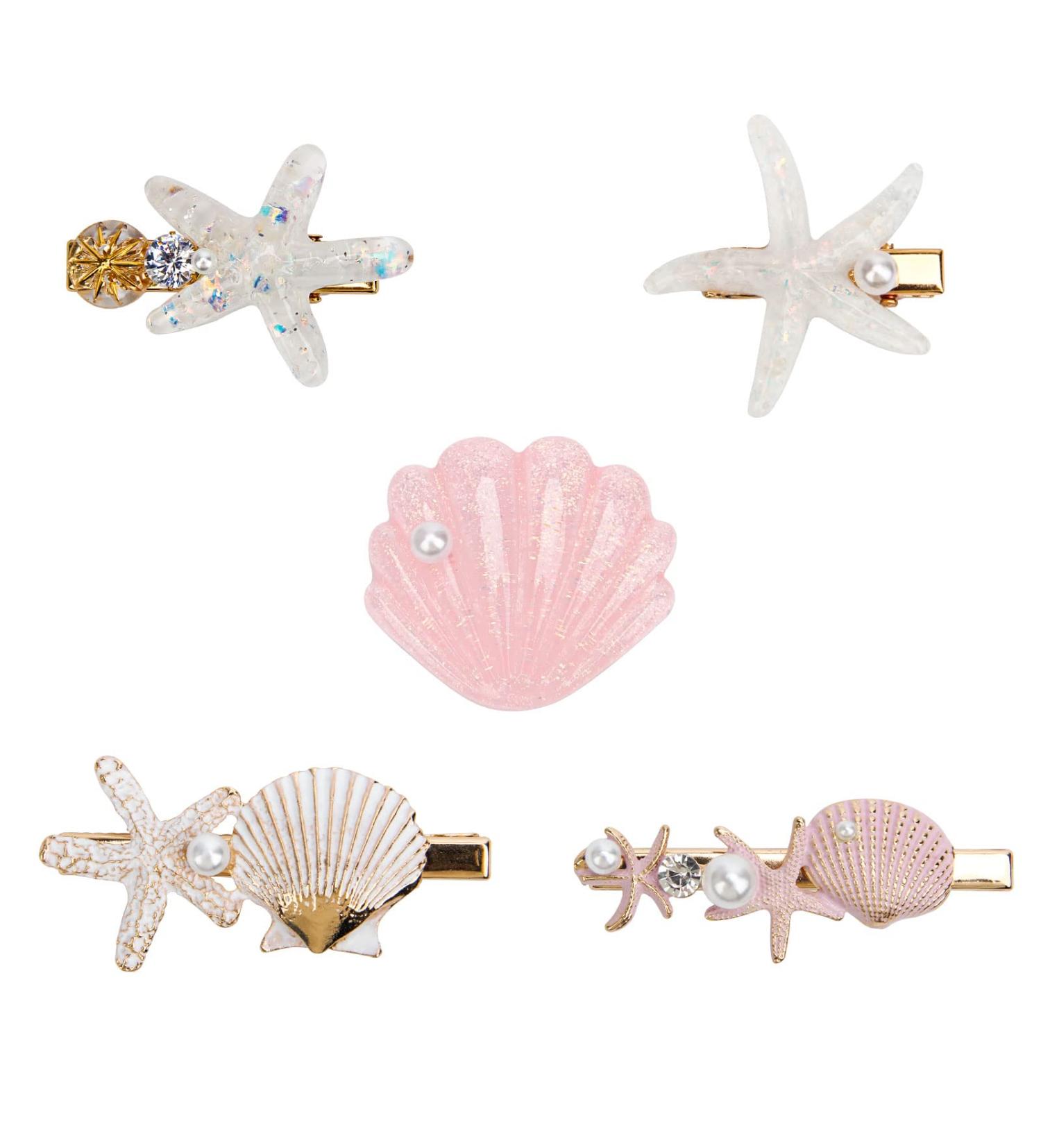 5-Piece Pearl Shell Starfish Hair Clip Set for Women - Beach Mermaid Hairpin Styling Accessories - Buy Online on SooperMarket.com