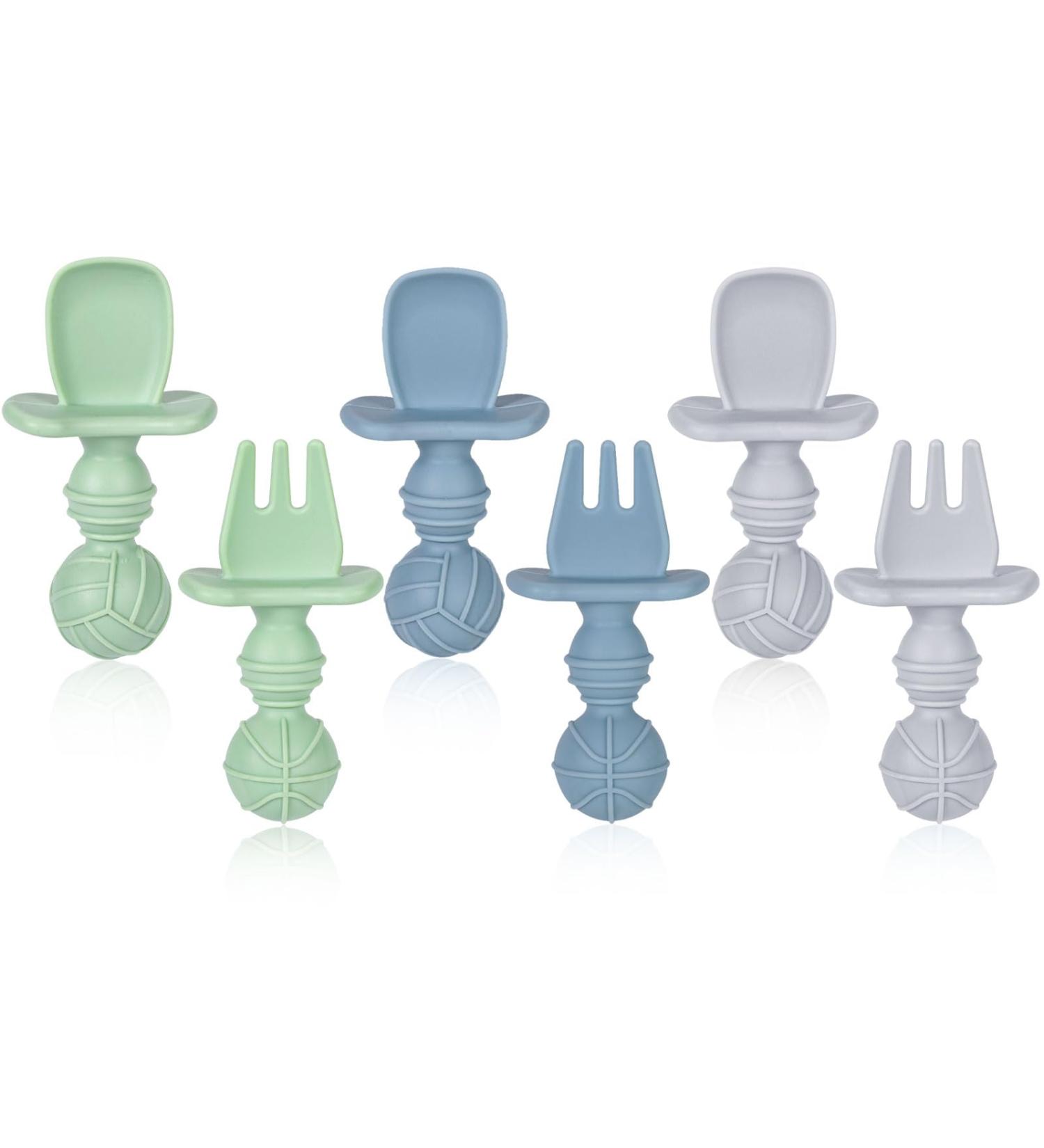6 Pcs Silicone Baby Fork and Spoon Set for Self-Feeding | Easy Grip Toddler Utensils for Baby Led Weaning | 6 Months+ | Blue, Green, Grey - Buy Online on SooperMarket.com