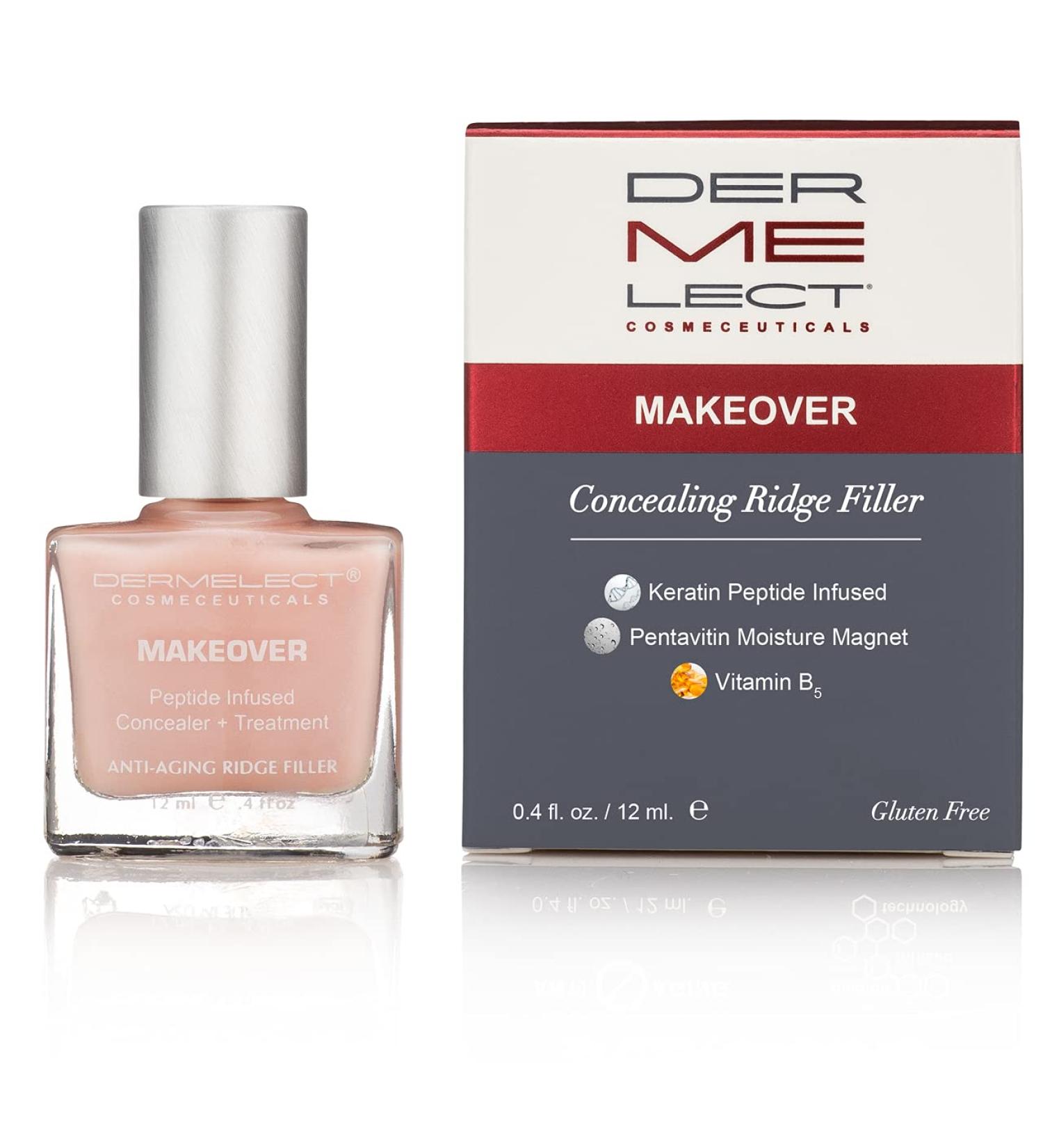 Dermelect Makeover Ridge Filler - Nail Base Coat with Keratin Peptides, Pentavitin & Vitamin B5 - Hydrating, Strengthening, and Concealing Treatment for Nail Ridges, Yellowing, Dryness - 0.4 oz - Buy Online on SooperMarket.com