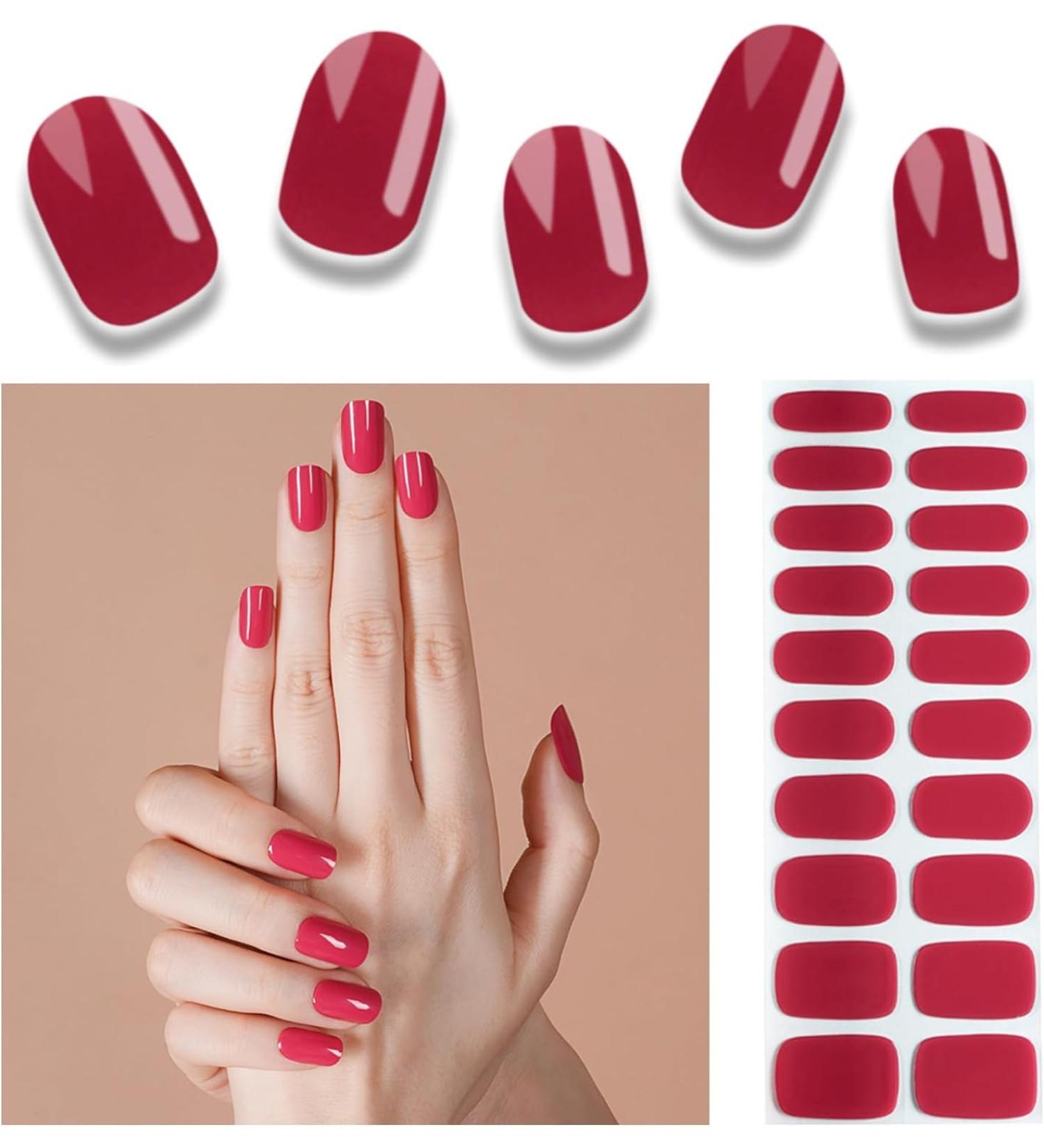 Foyute Semi Cured Gel Nail Strips 20 Pcs Soft Self-Adhesive Gel Nail Polish Wraps Sticker for Salon-Quality Manicure Set Long Lasting Easy to Apply & Remove Nail File & Wooden Stick (Red) - Buy Online on SooperMarket.com