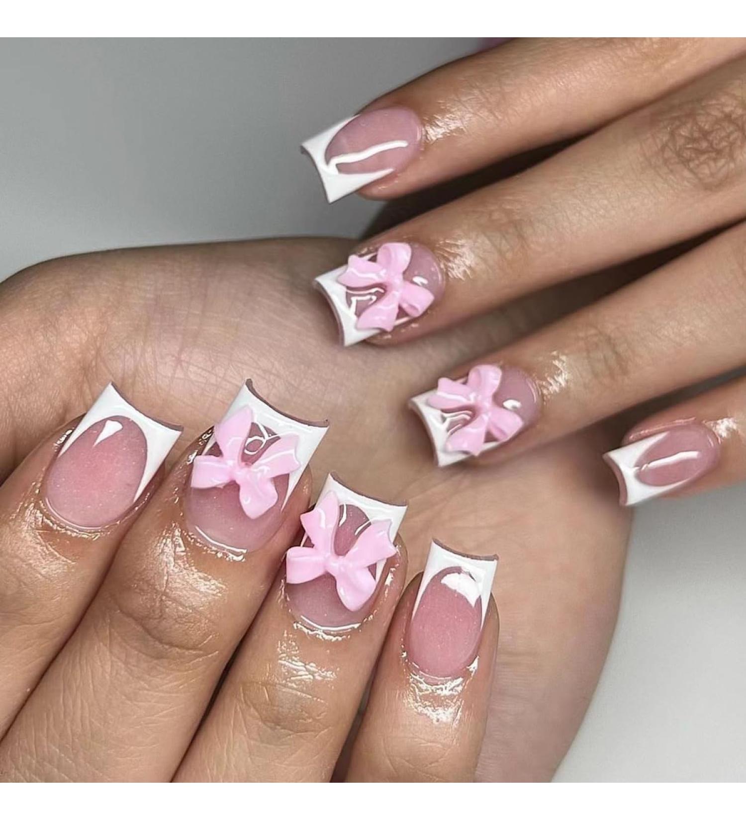 White French Tip Press on Nails with Pink Bow | Short Square Glue on Acrylic Manicure Art | 24 Pcs Glossy Nude Pink Fake Nails for Women & Girls - Buy Online on SooperMarket.com