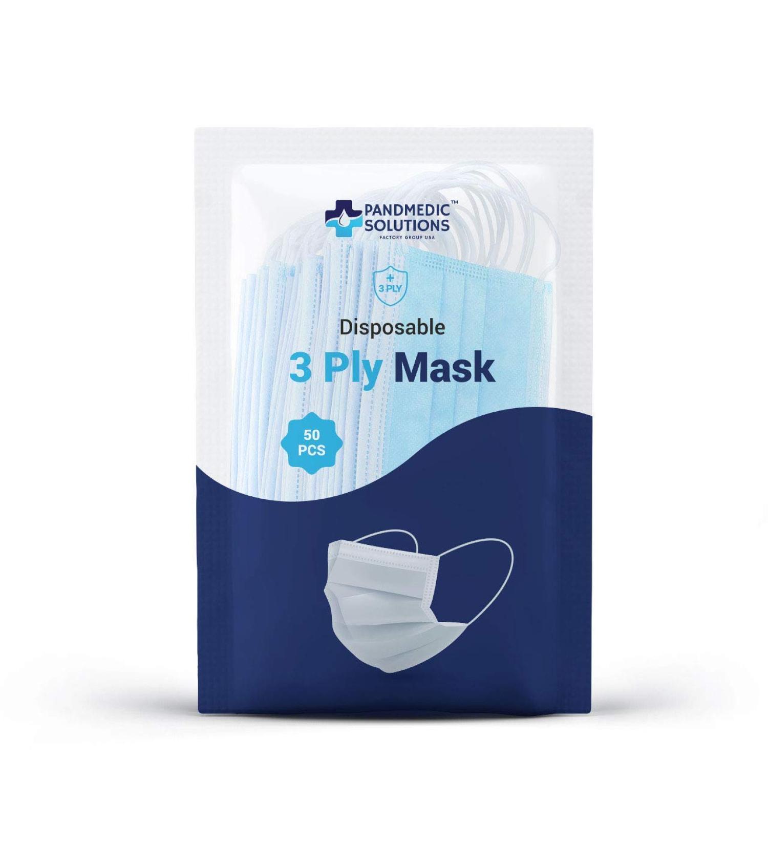 PandMedic Disposable Face Masks Made in USA | Premium 3-Ply Medical Safety Masks - Breathable Elastic Ear Loops - 50ct Resealable Bag for International Shipping - Buy Online on SooperMarket.com