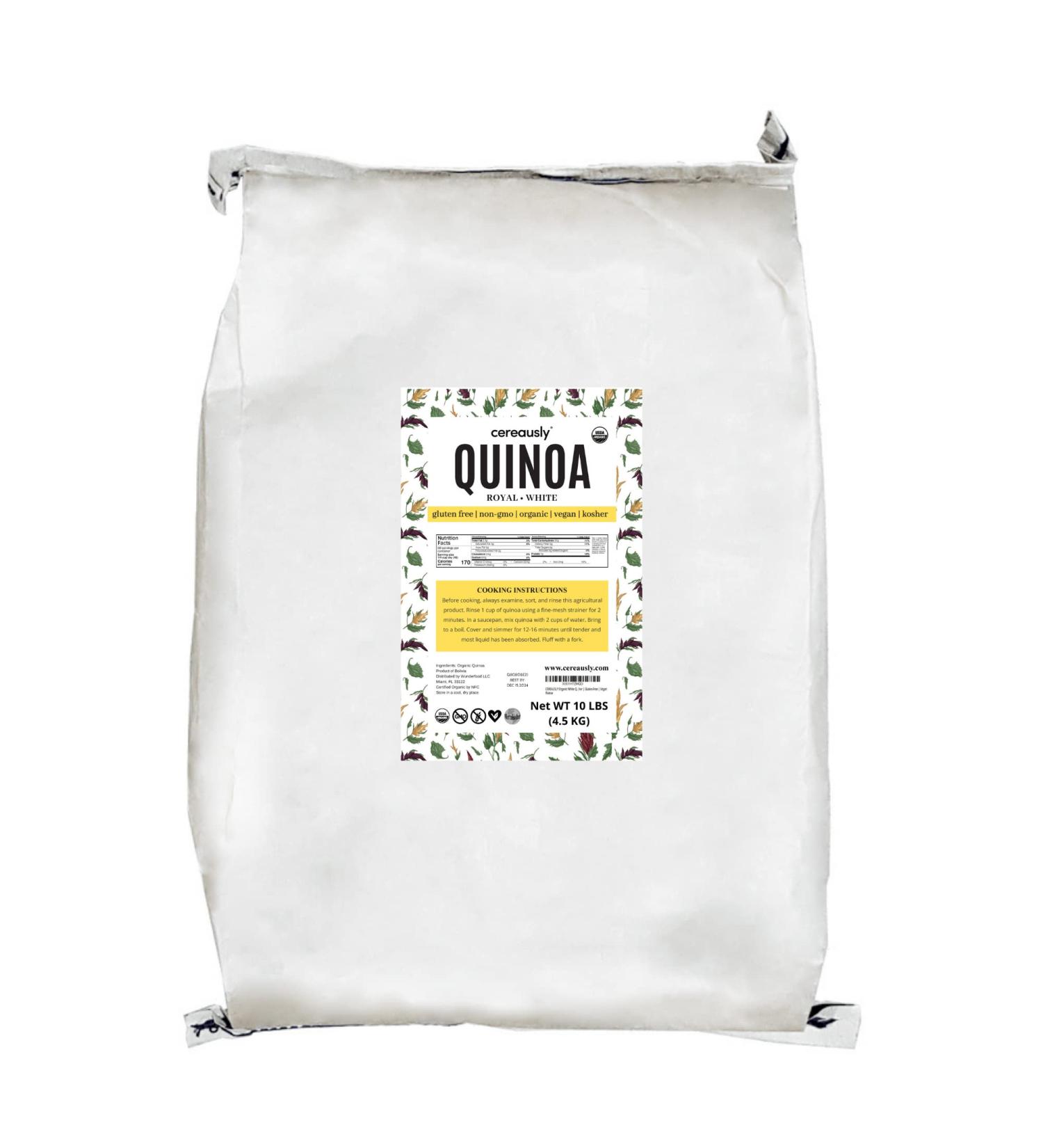 CEREAUSLY Organic White Quinoa Bulk - 10 Lb | Bolivian Royal Quinoa for Restaurants & Wholesale | NON-GMO, Kosher, Gluten-Free, Vegan - Buy Online on SooperMarket.com