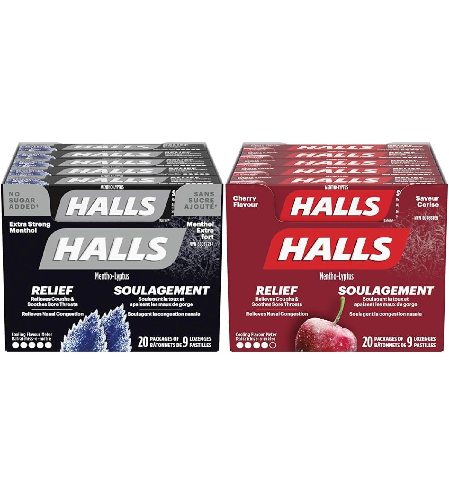Halls Triple Soothing Action No Sugar Added Cough Drops Extra Strong Menthol 9 count 20 Packs & Cherry Cough Drops 9 count 20 Packs - Buy Online on SooperMarket.com