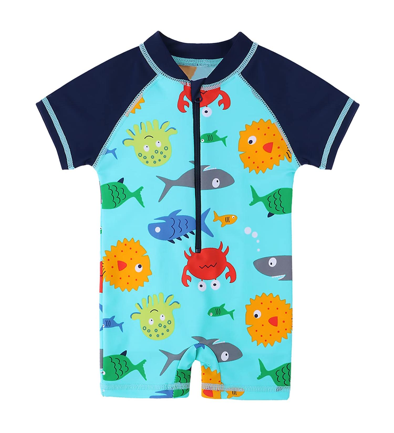 HUAANIUE Baby Boys Swimsuit with Sun Protection Hat | UPF 50+ One Piece Rash Guard for Swimming | 0-6 Months to 4 Years | Bluesealife Swimwear - Buy Online on SooperMarket.com