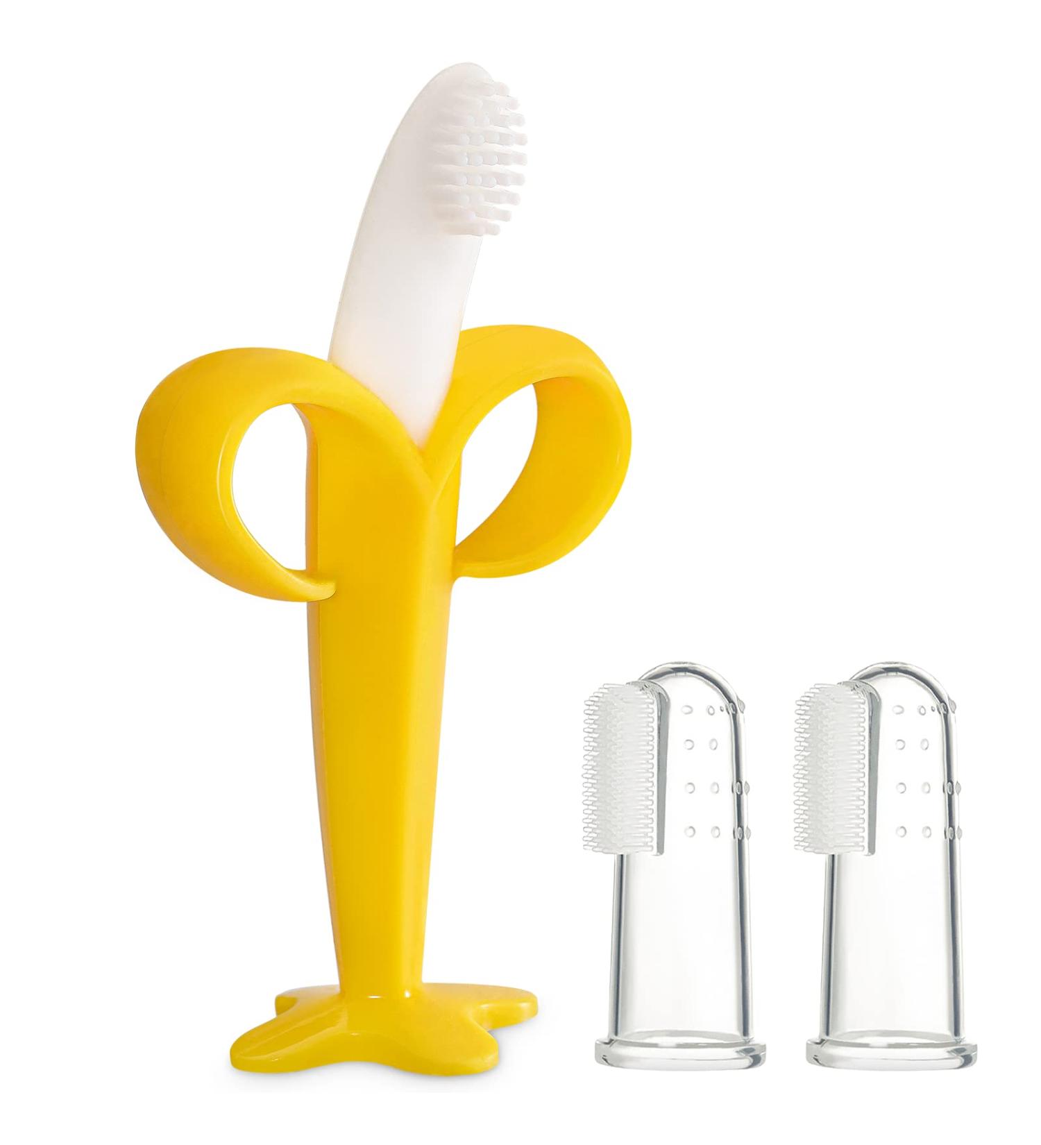 HAILI Baby Banana Toothbrush with 2 Finger Toothbrushes Soft Silicone Baby Teething Toy Teether Chew Toy for Babies 3-6 Months 6-12 Months - Buy Online on SooperMarket.com