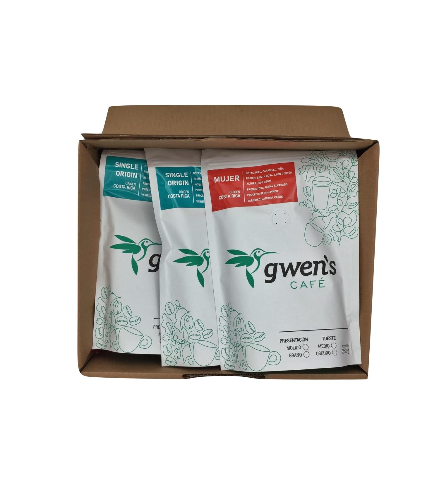 Gwen's - Roasted Coffee Medium Roast Ground Costa Rica 3 Pack of 250 g c/u Flavor Box - Buy Online on SooperMarket.com